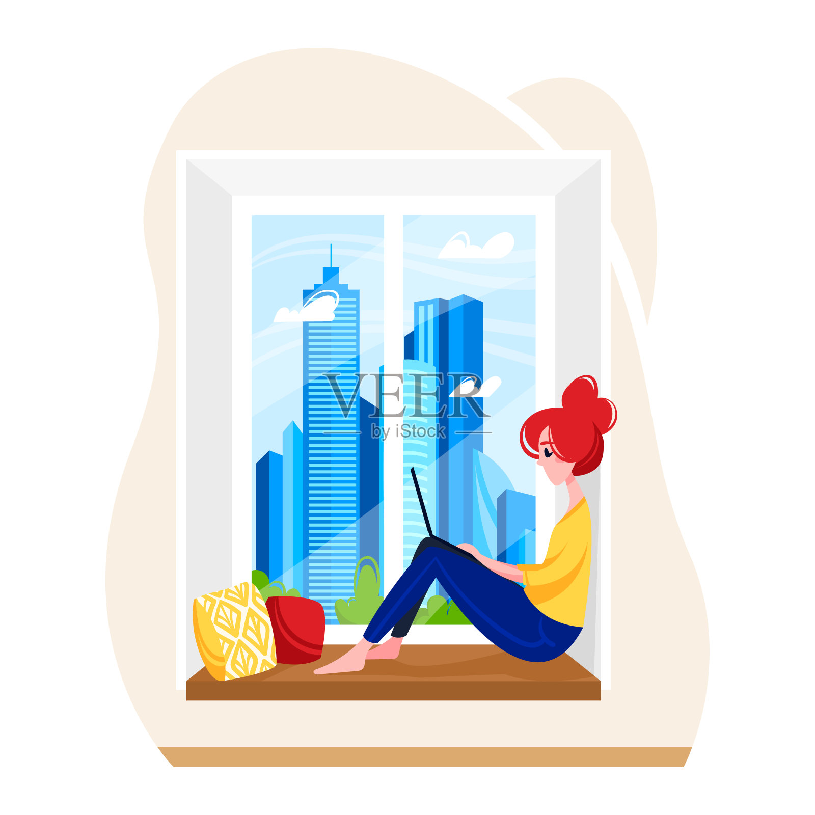 红发女人坐在窗台上用笔记本电脑设备，现代远程工作场所，女性自由职业者工作在家孤立的白色，卡通矢量插图。插画图片素材