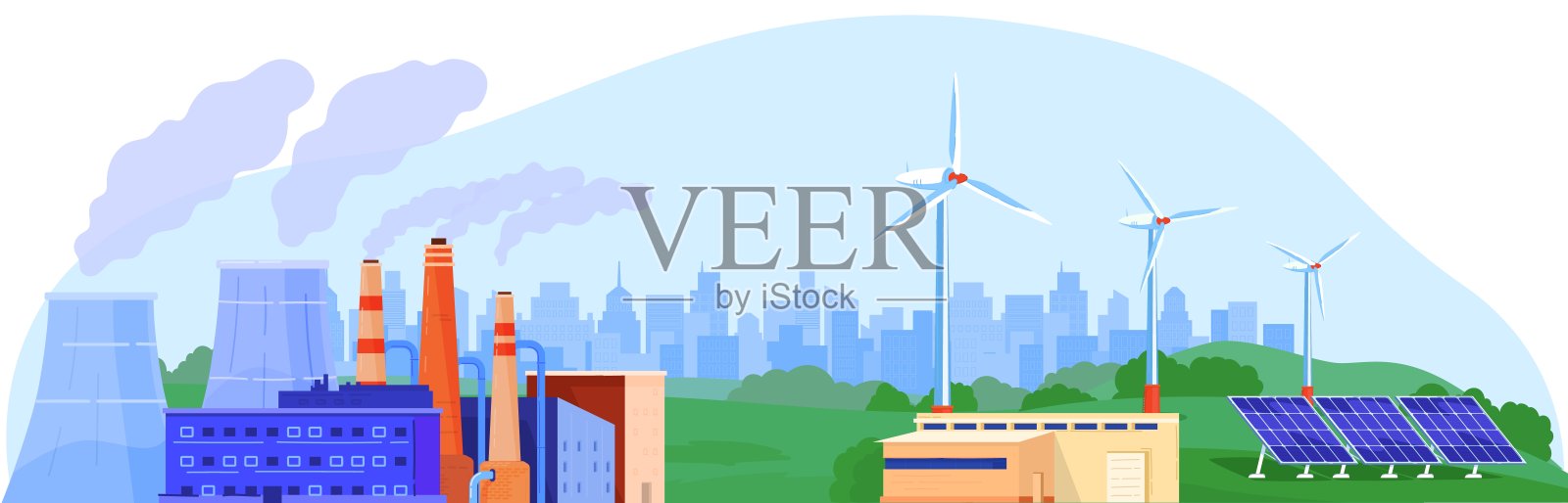 电力能源发电机矢量插图，卡通平面景观与核反应堆站，风力涡轮机，太阳能电池板隔离在白色插画图片素材