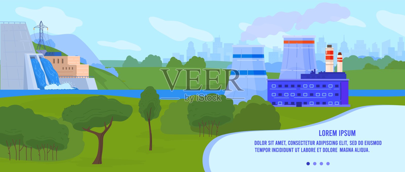 电站矢量插图，卡通平面景观与核电站，水电站大坝插画图片素材