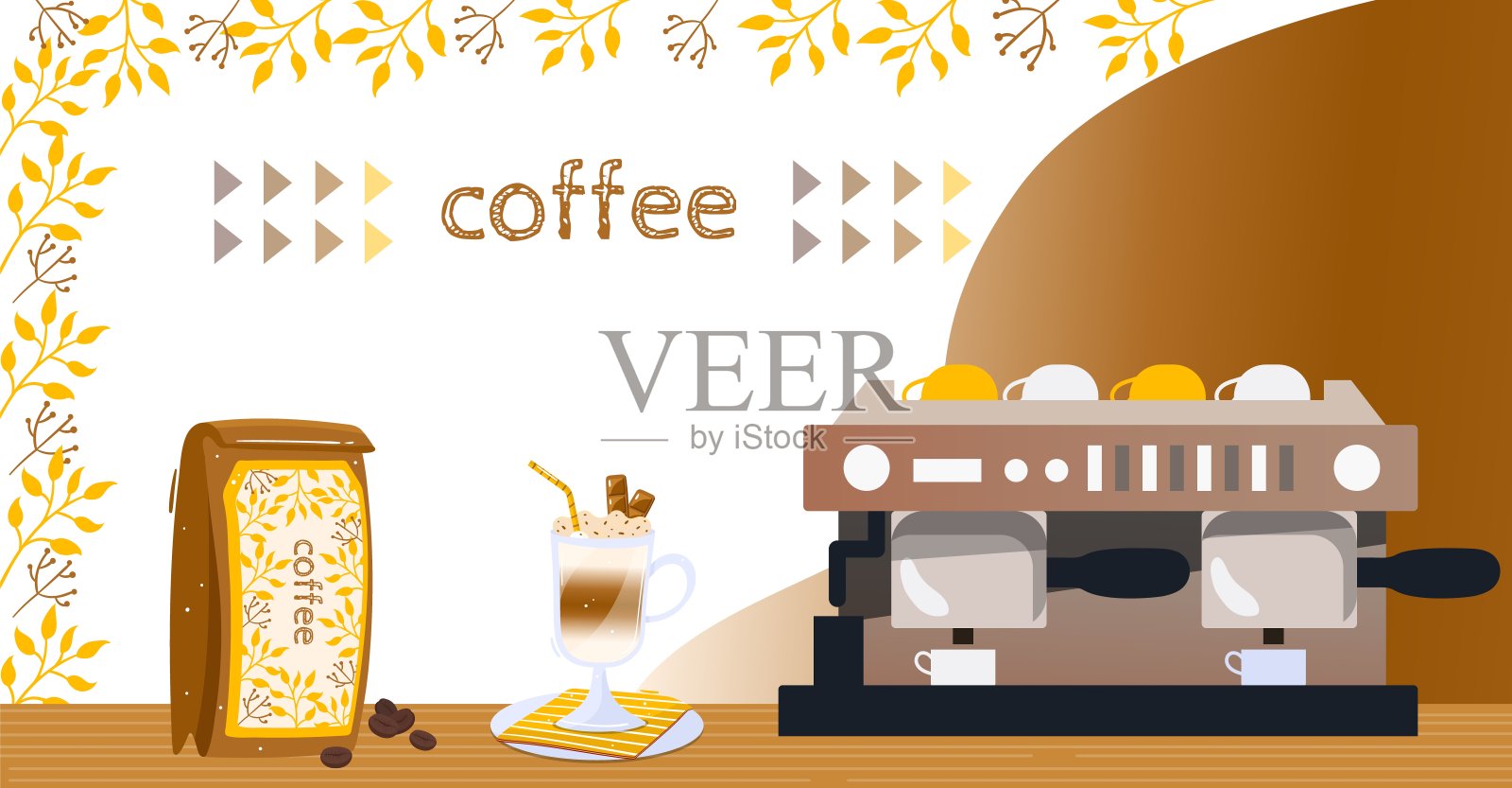 咖啡店矢量插图，卡通平面纸包，拿铁在玻璃杯，咖啡机为浓缩卡布奇诺热饮插画图片素材