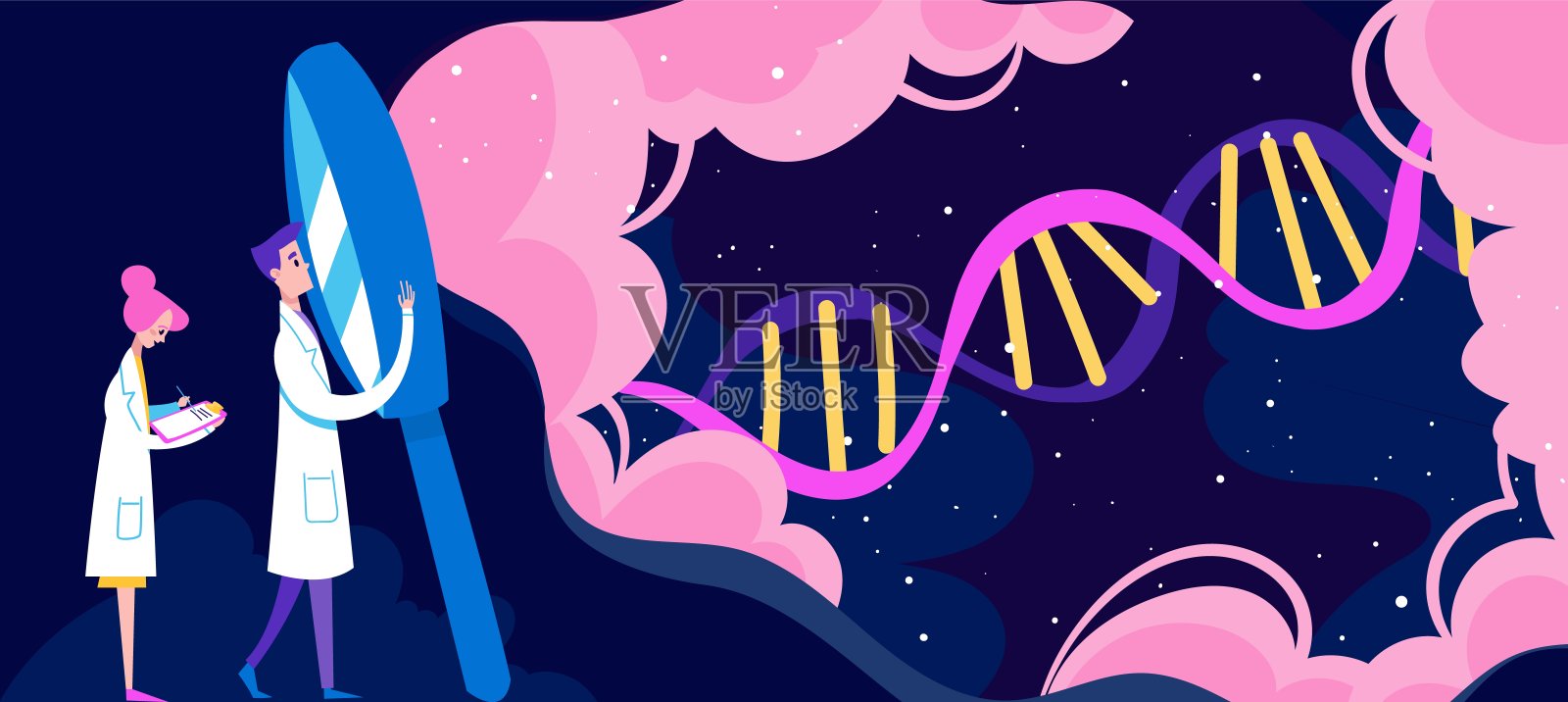 发现，科学，微生物学，dna研究载体说明。科学研究，科学家在实验室和生物学。插画图片素材