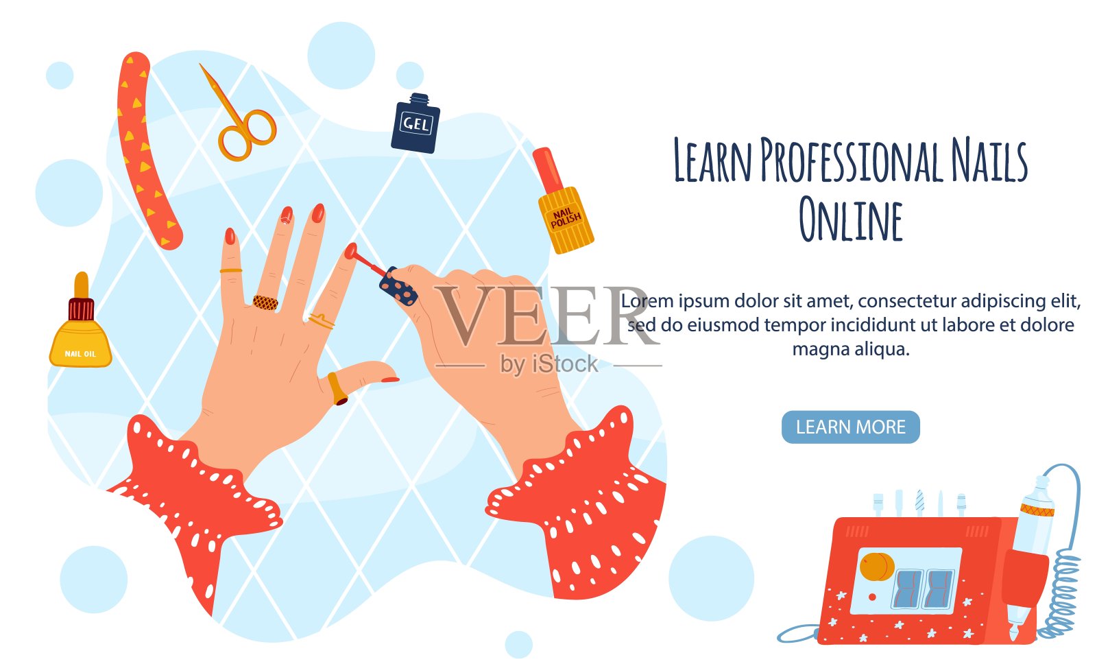 家居美容程序矢量插图，卡通扁女人用手制作指甲刷，指甲油和绘画过程插画图片素材