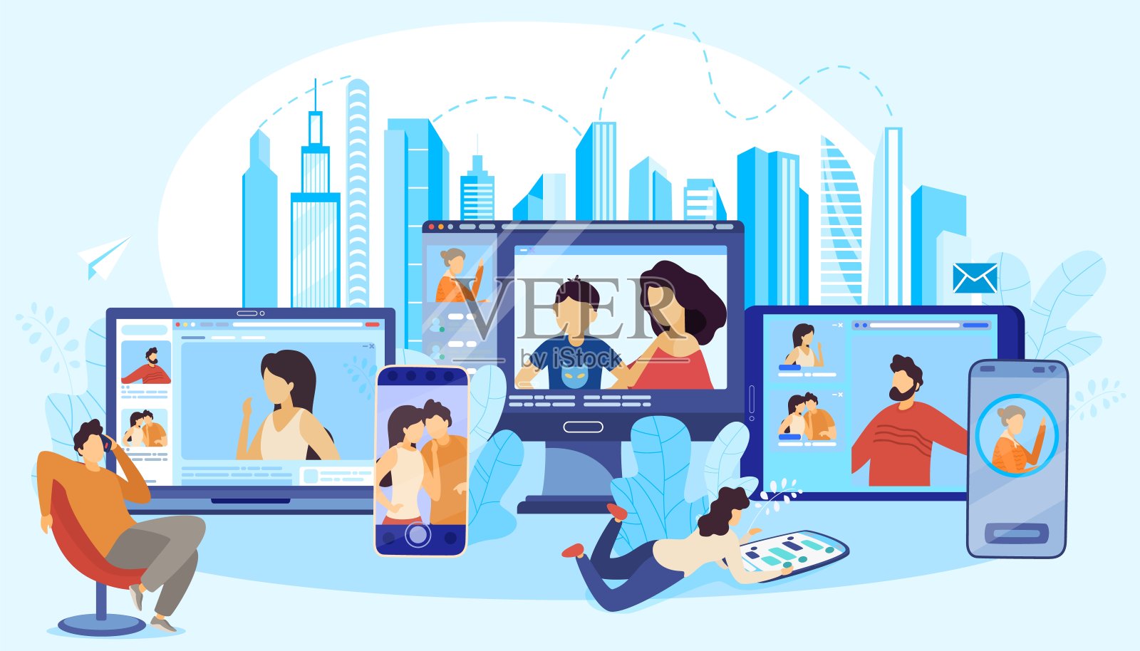 人与设备平面矢量插图，卡通男女用户角色使用移动设备，手机笔记本电脑背景设计模板素材