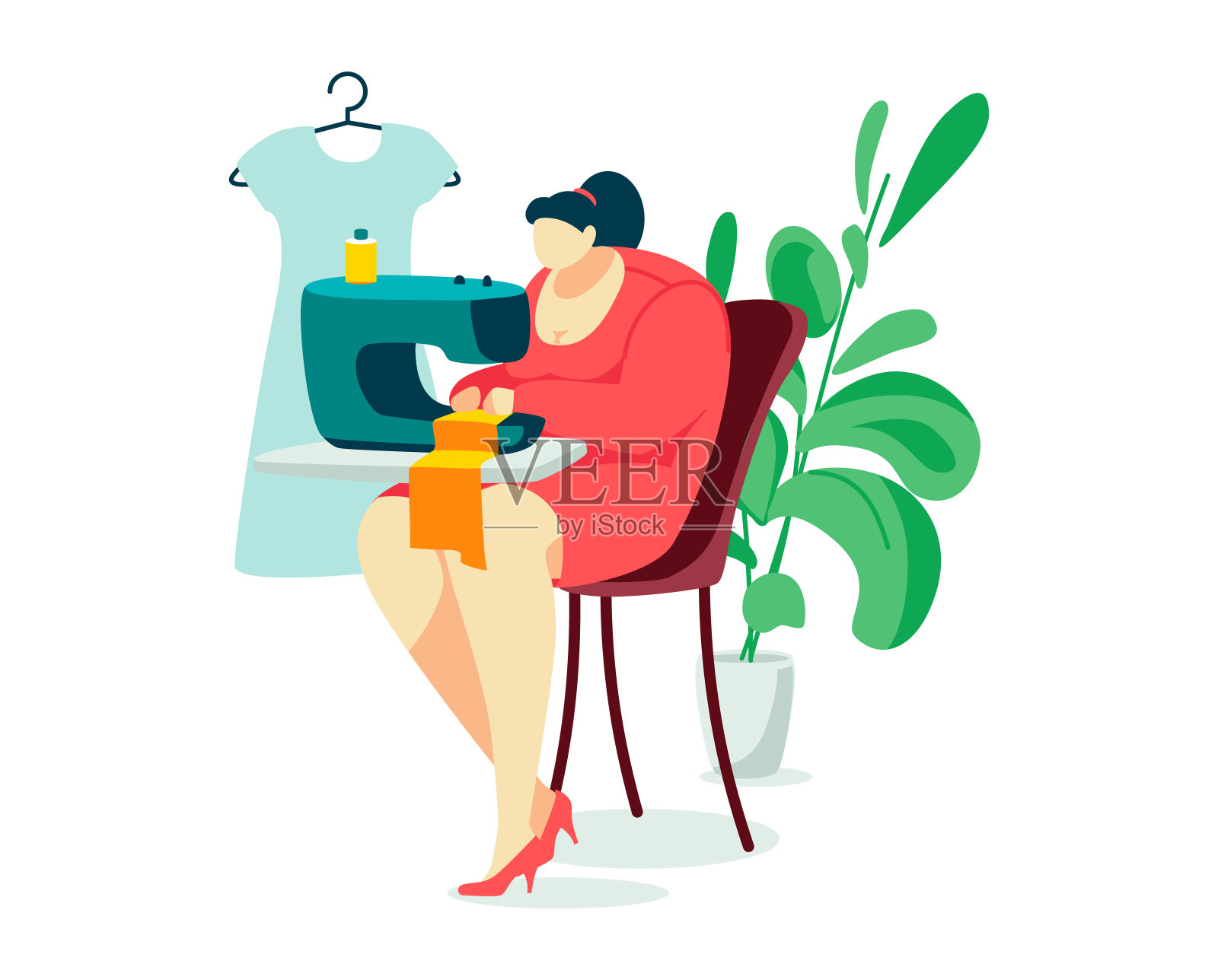 女人字缝，人爱好坐缝纫机和家庭盆栽孤立在白色，卡通矢量插图。插画图片素材