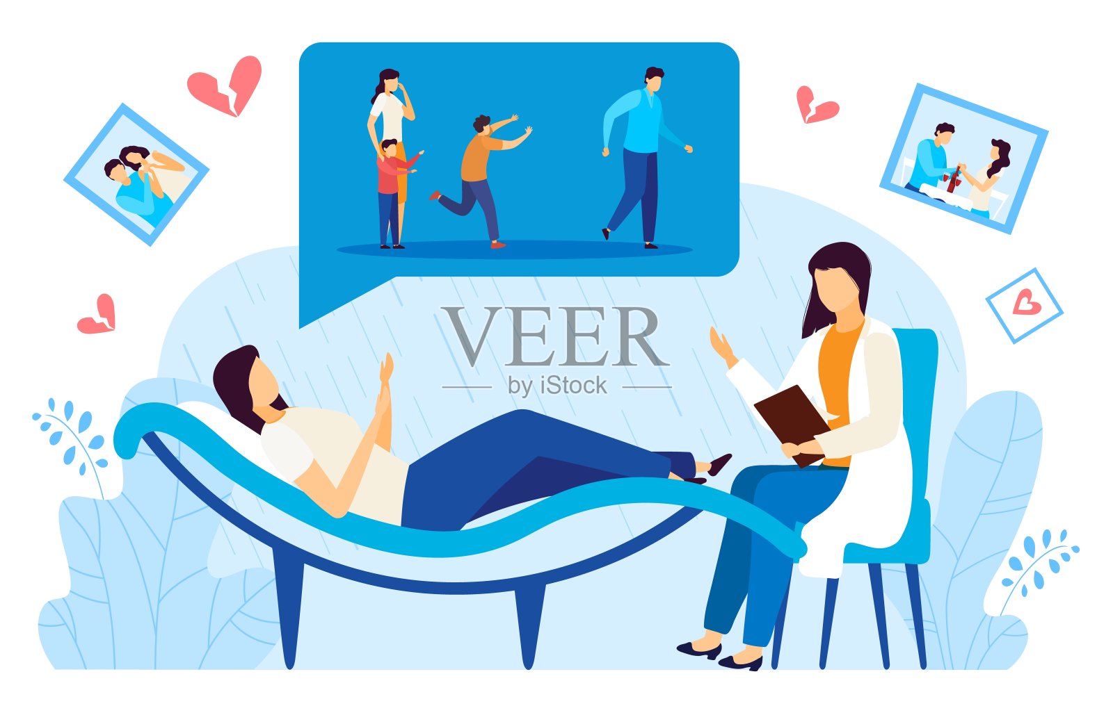 离婚心理咨询扁平矢量图，卡通医生为离婚女性患者提供咨询插画图片素材