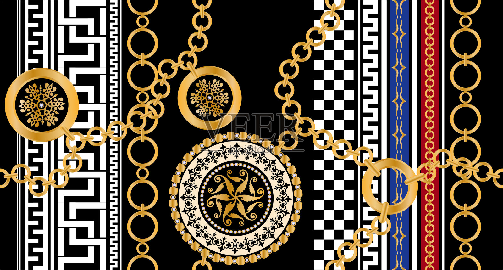 以宝石、金链、珍珠等无缝图案装饰。插画图片素材