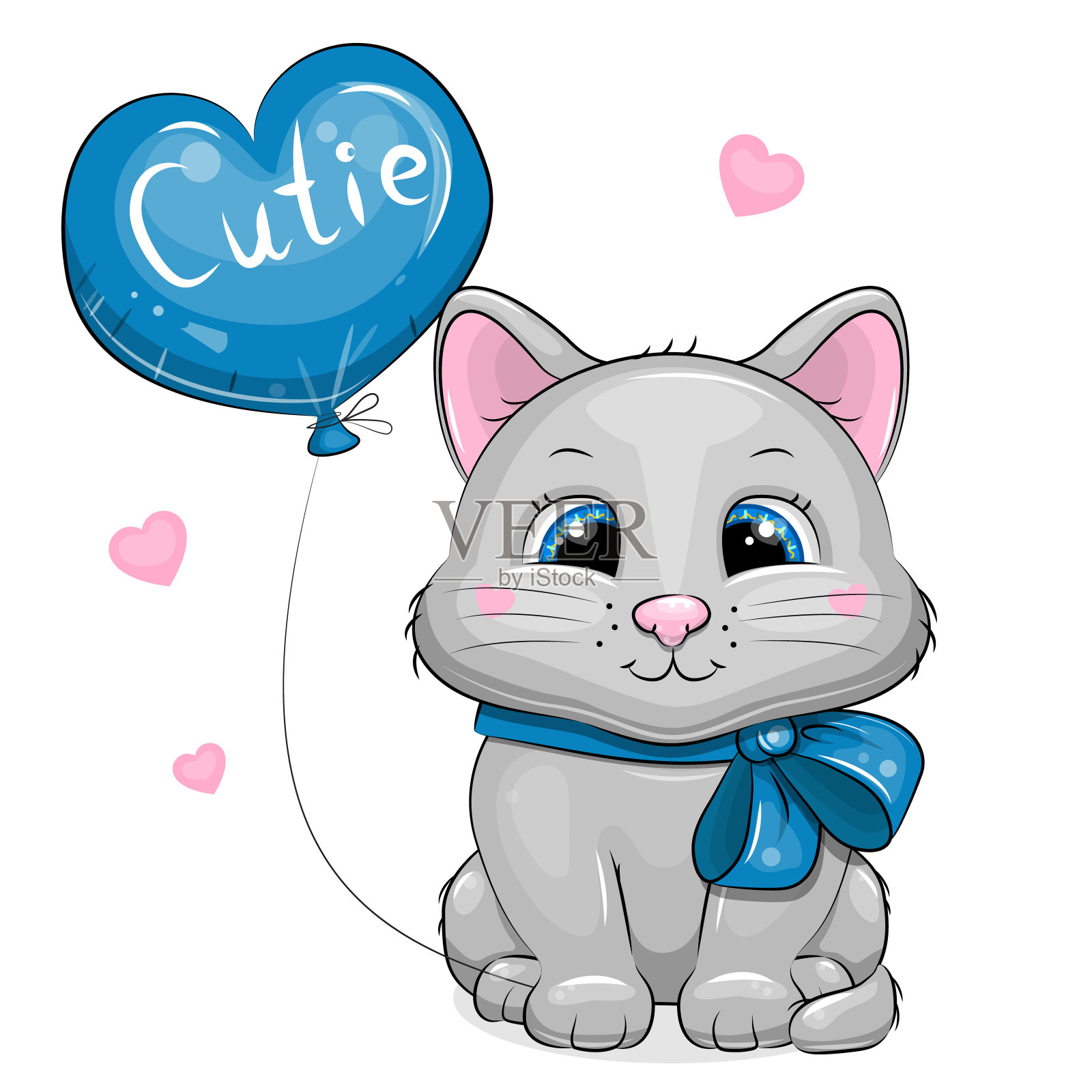 可爱的卡通猫与蓝色的蝴蝶结和气球。设计元素图片