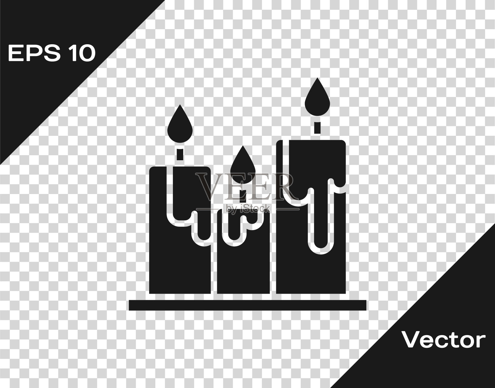 黑色燃烧的蜡烛图标孤立在透明的背景。燃烧着火焰的圆柱形蜡烛棒。矢量图插画图片素材