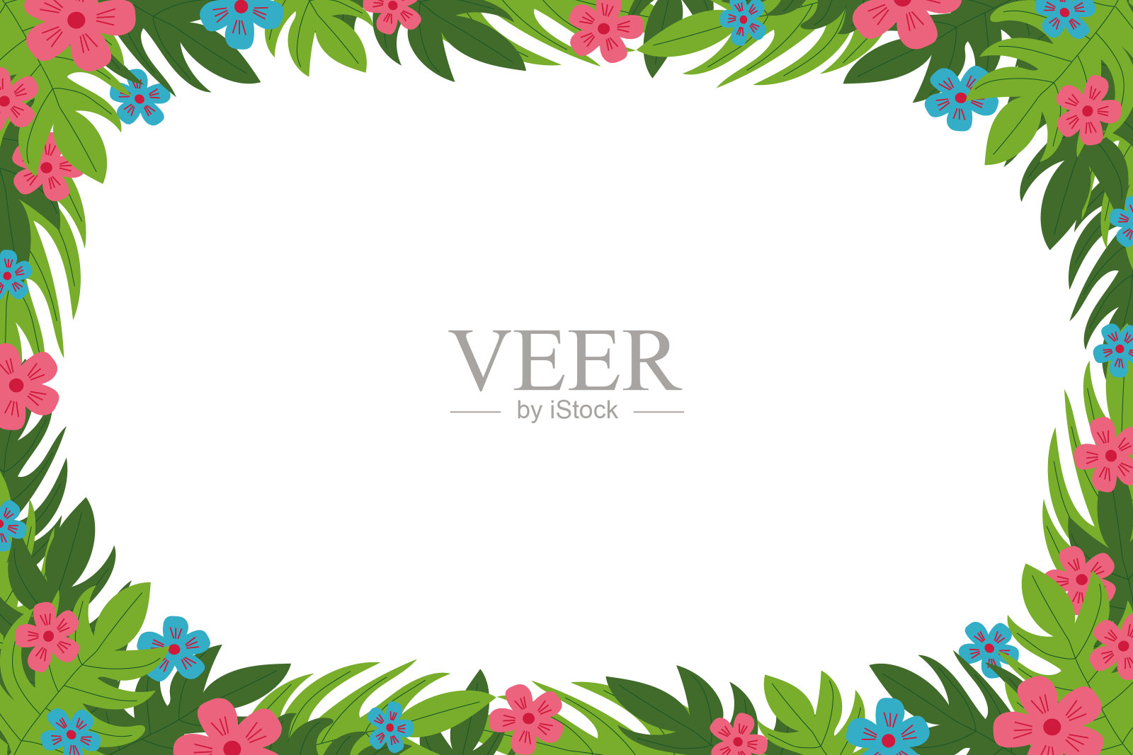 热带叶和花在矢量扁平的风格。模板边框框架横幅，卡片，海报，暑假，复制空间，文本的地方插画图片素材