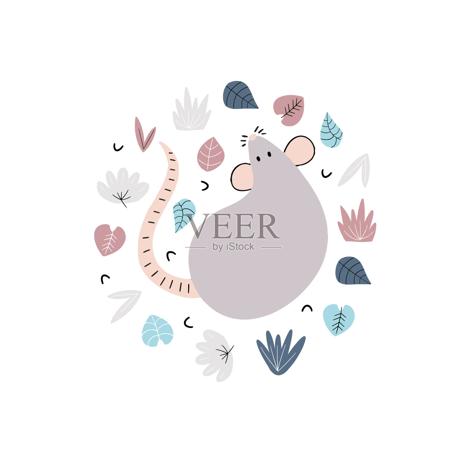 手绘灰色老鼠插图上的白色背景。向量鼠标涂鸦素描与植物元素。装饰设计。设计元素图片