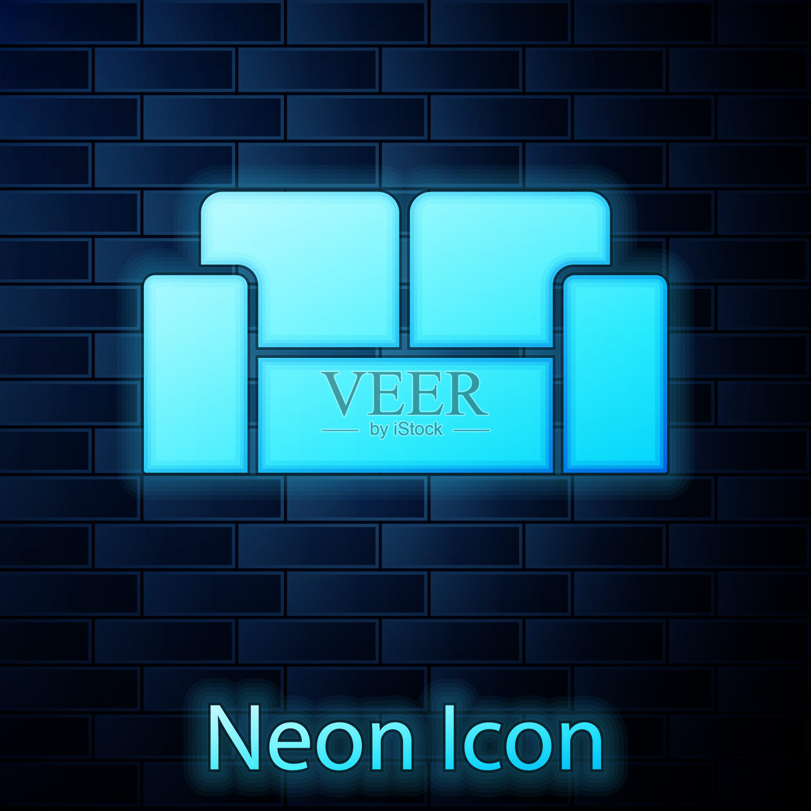 发光的霓虹灯沙发图标孤立在砖墙背景。向量插画图片素材