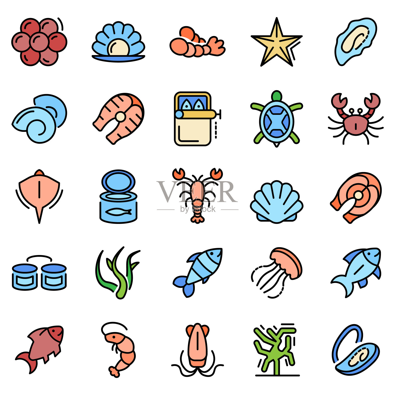 海鲜图标设置，轮廓风格图标素材