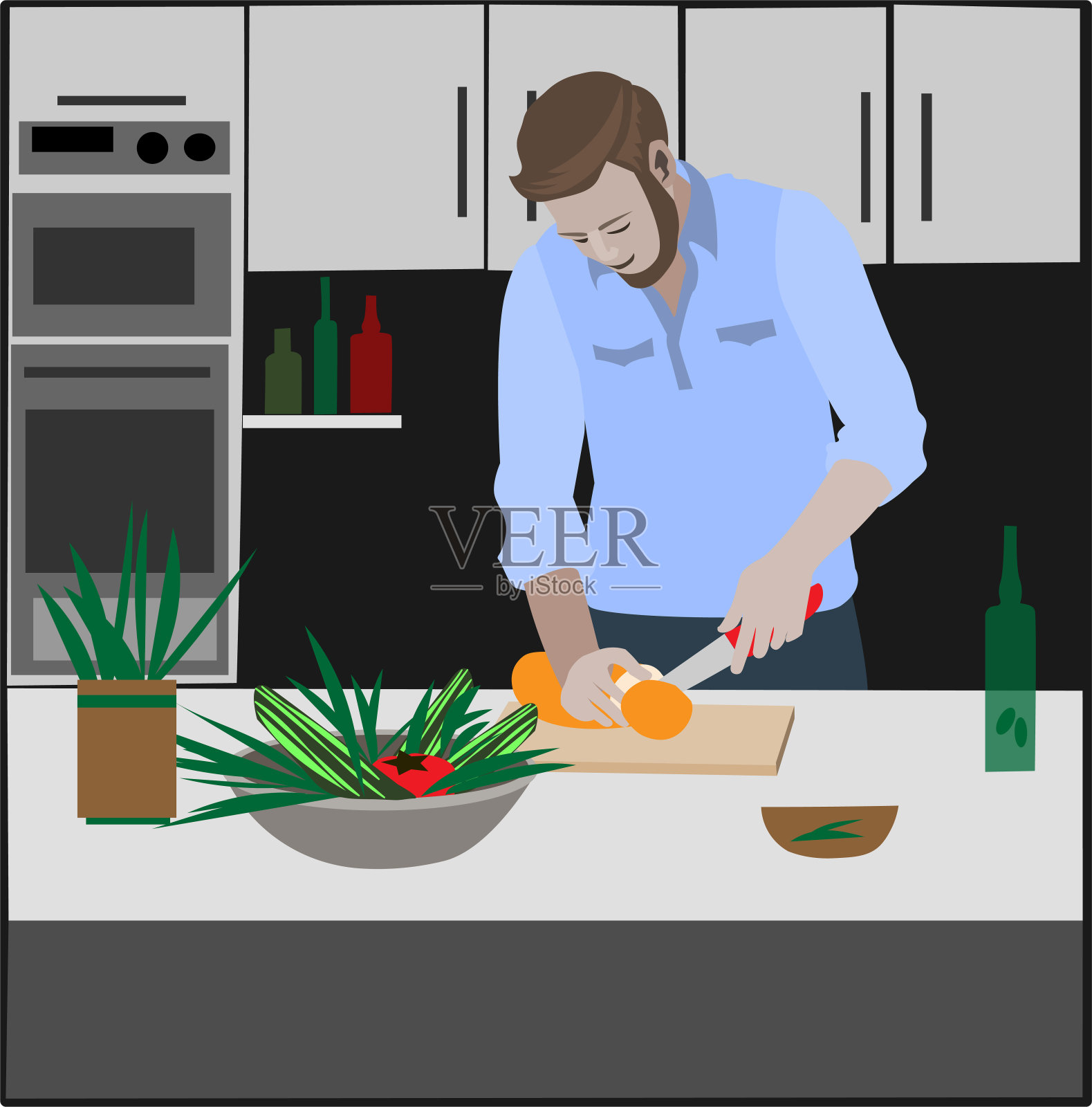 单身男子准备晚餐素食主义插画图片素材