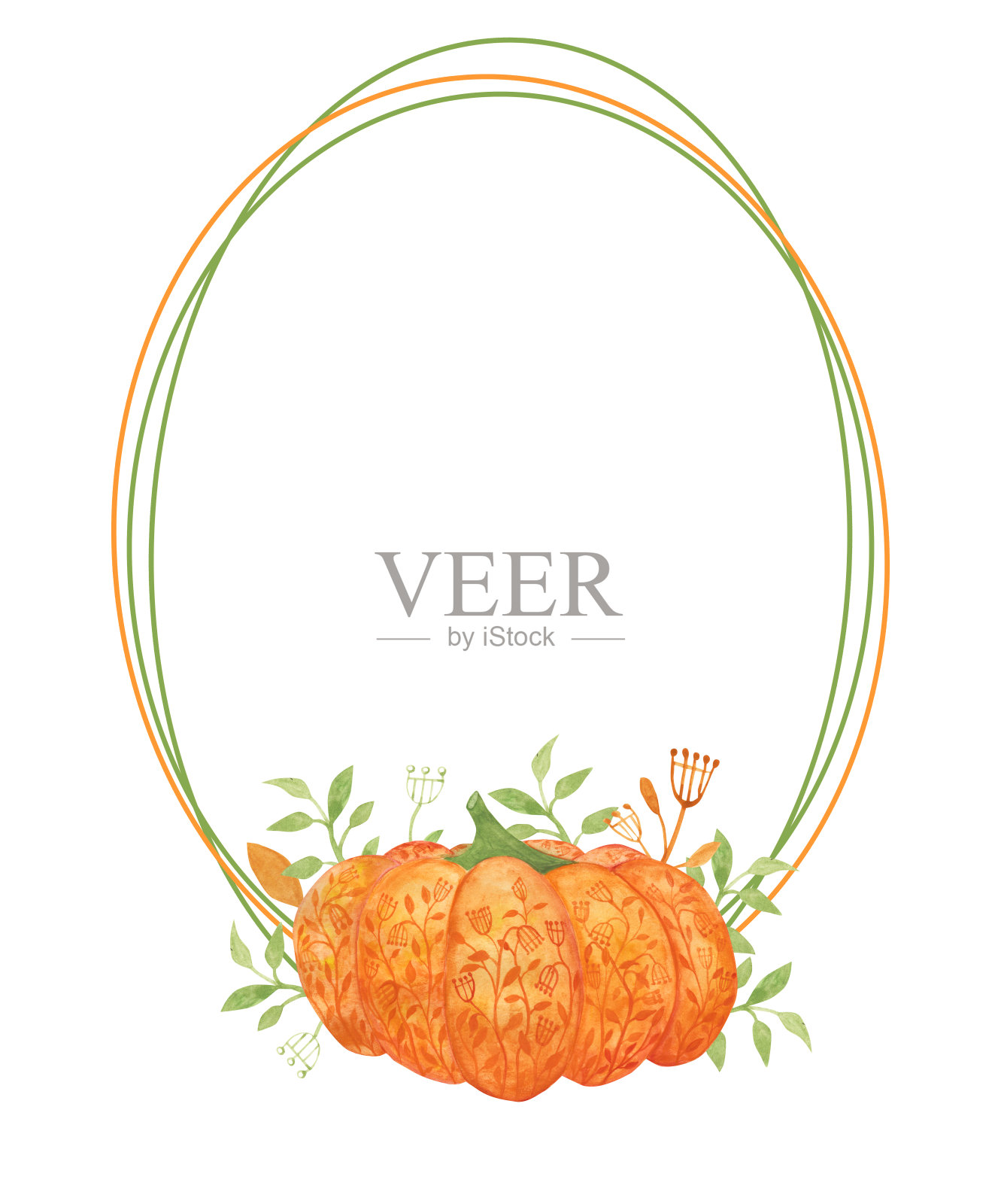 水彩秋天框架与南瓜和花在一个白色的背景。橙色和绿色手绘的秋季模板的派对和其他活动。花椭圆形框架为您的设计。插画图片素材