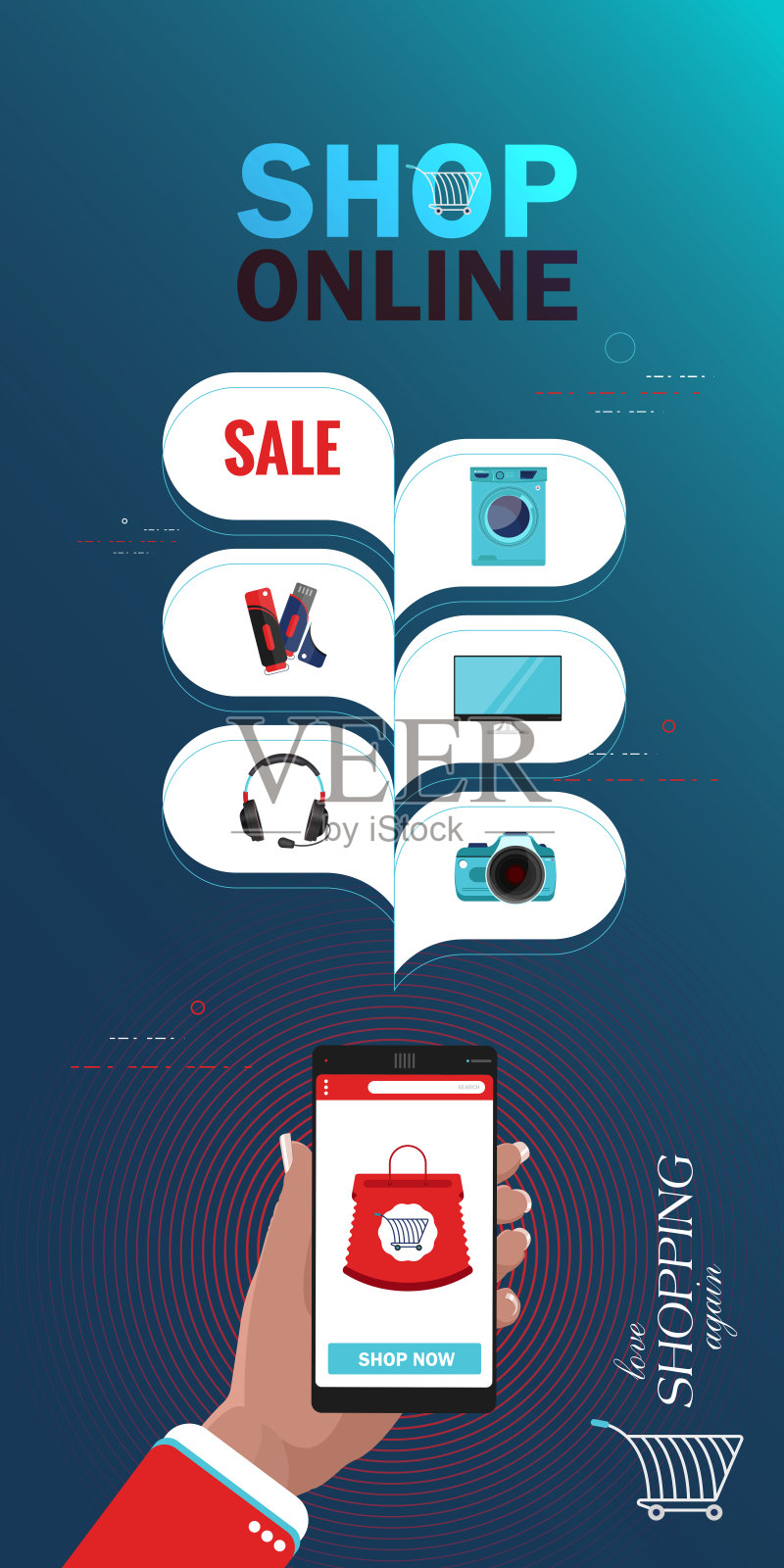 移动购物，移动商务概念。手持智能手机与结帐页面。插画图片素材