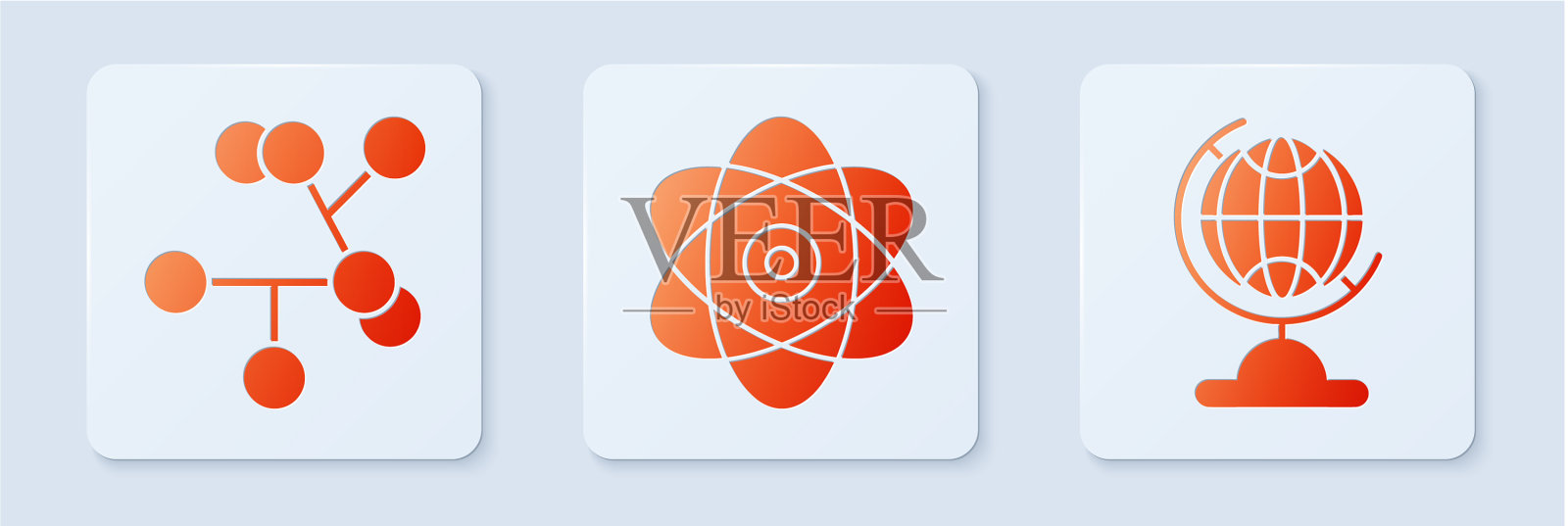 将原子分子和地球设置成白色正方形图标素材