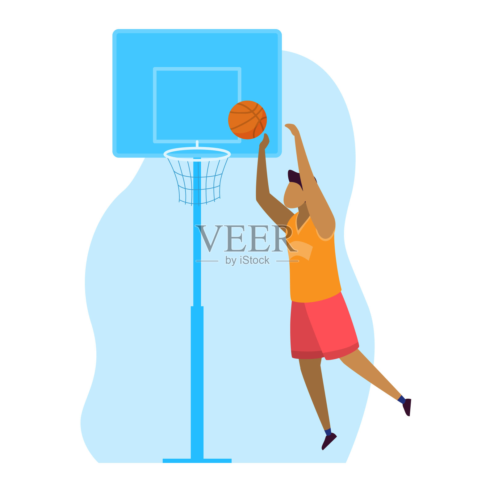 运动员矢量插图，卡通平面职业男子球员角色跳跃，得分得分在篮球比赛中孤立的白色插画图片素材