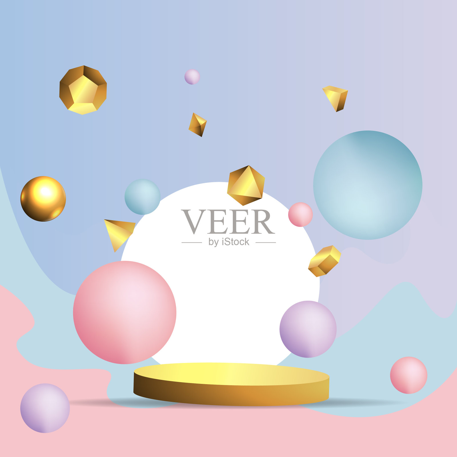 金属金色舞台与浮动几何插画图片素材