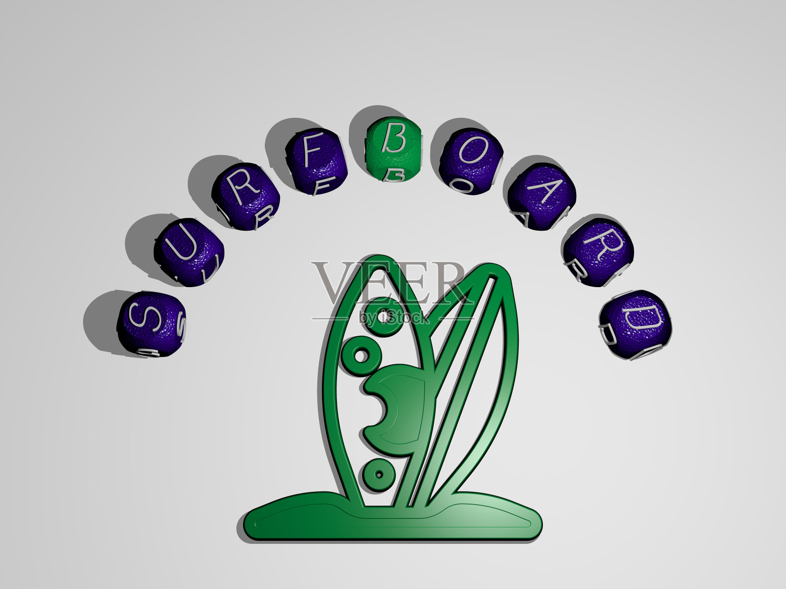 三维图形图像的冲浪板垂直与文本建立围绕的图标由金属立方字母从顶部的视角，优秀的概念介绍和幻灯片。海滩和照片摄影图片