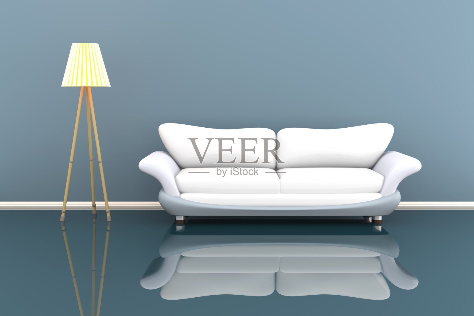 灰色房间里的一盏灯和一个白色沙发的3d插图。照片摄影图片