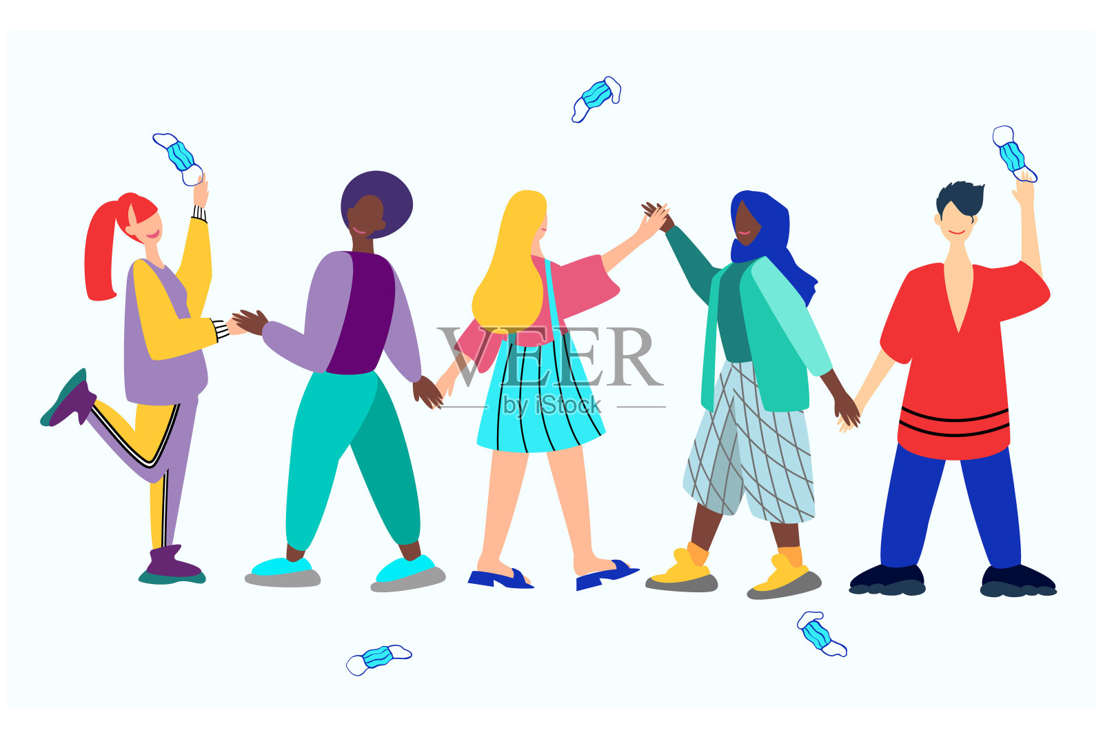 来自不同国家的一群人对疫情的结束感到高兴。一群混血儿摘下口罩，庆祝战胜冠状病毒大流行插画图片素材