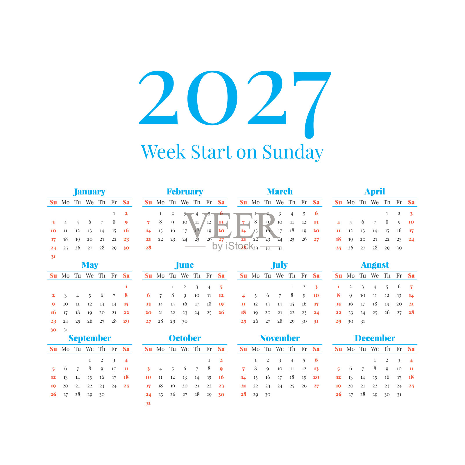 2027日历从周日开始设计模板素材