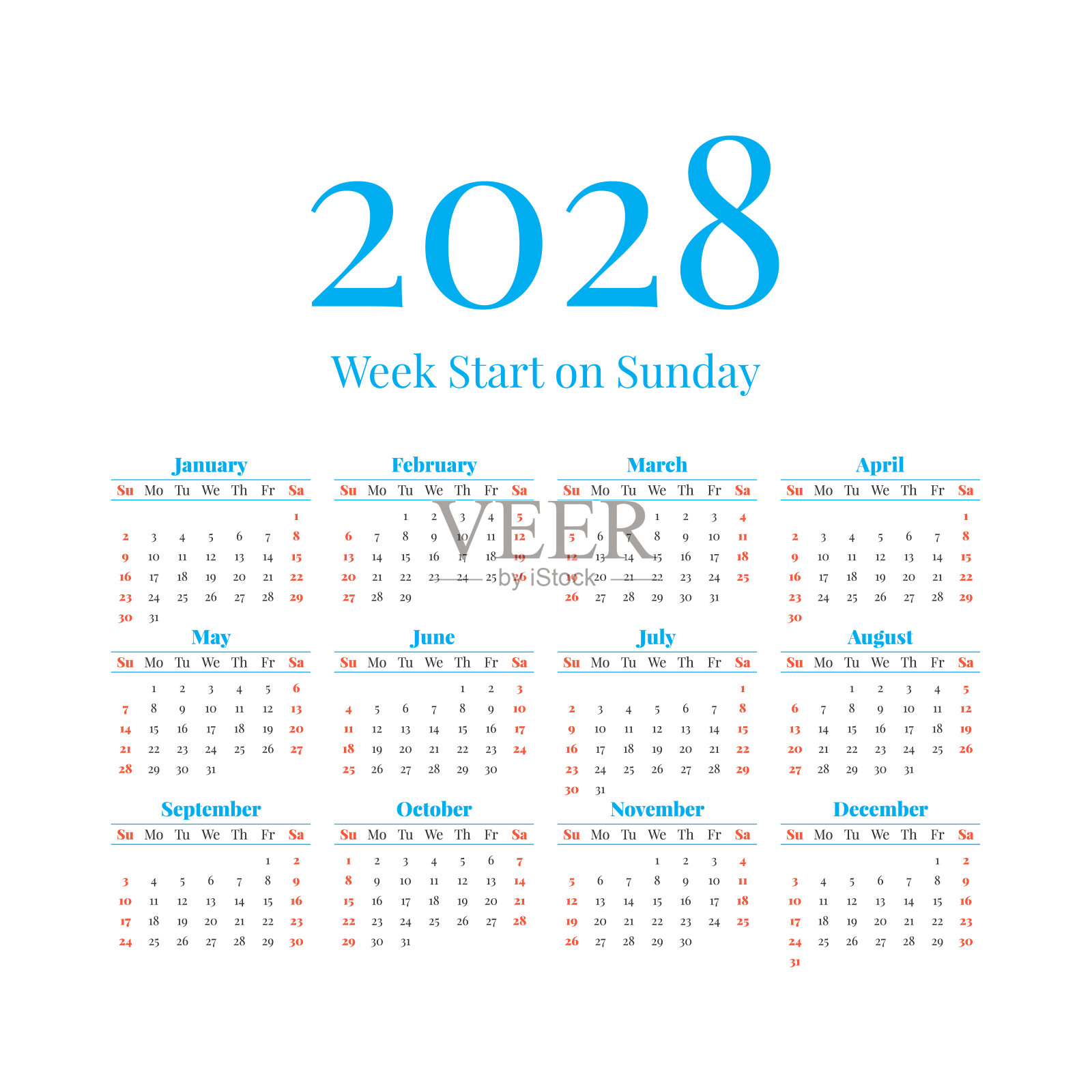 2028日历，每个星期从星期天开始设计模板素材