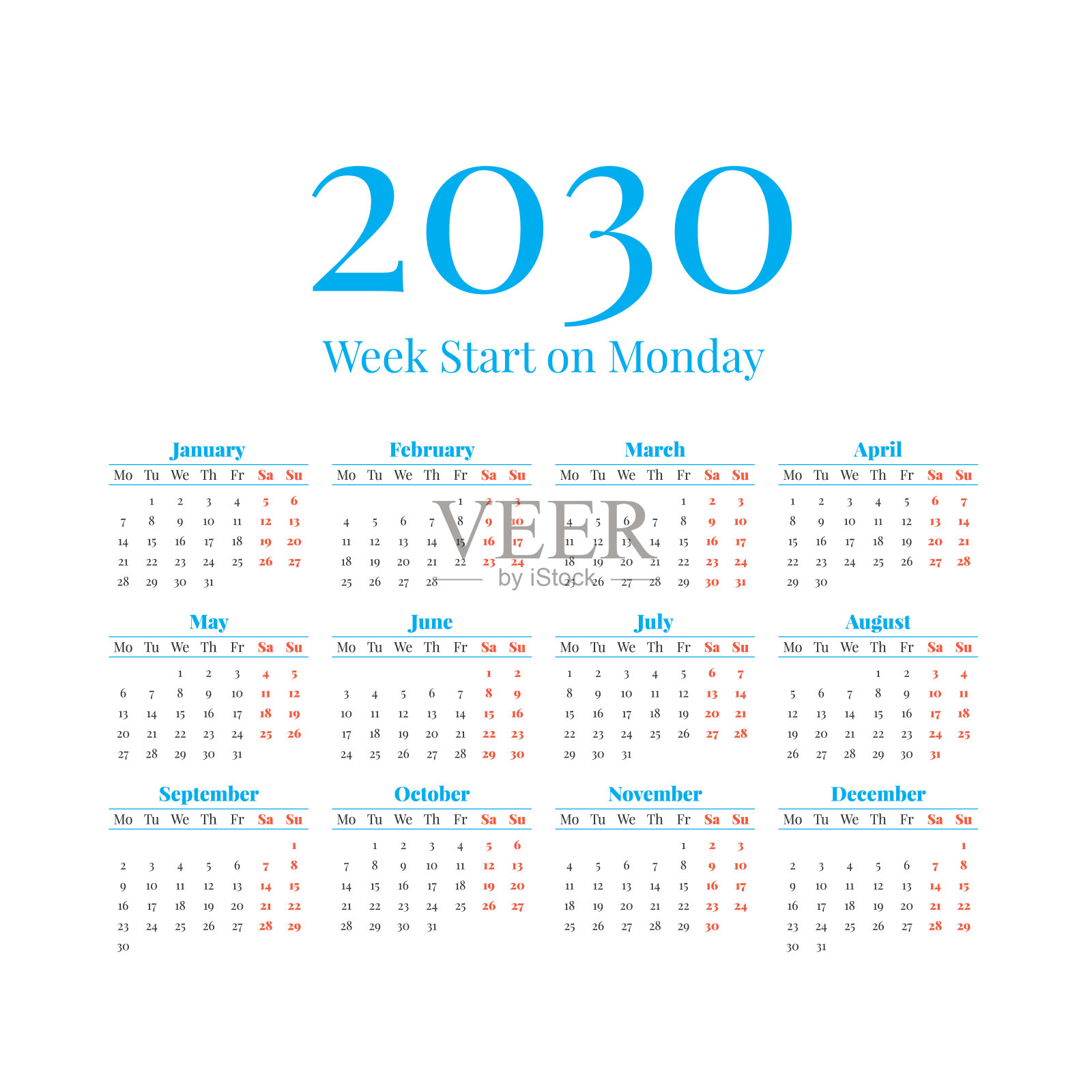 2030日历从星期一开始设计模板素材