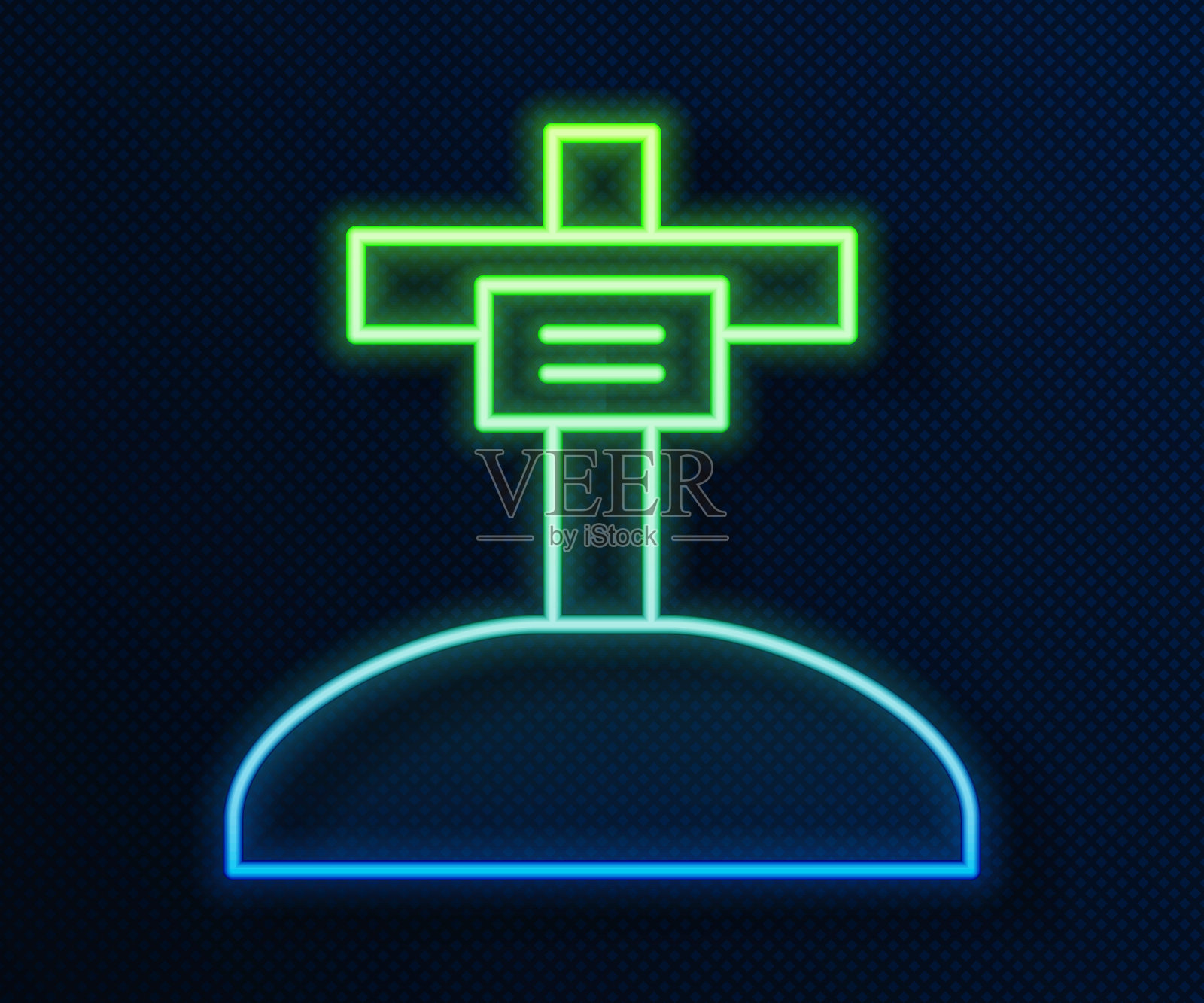 发光的霓虹线坟墓与十字图标孤立在蓝色背景。向量插画图片素材