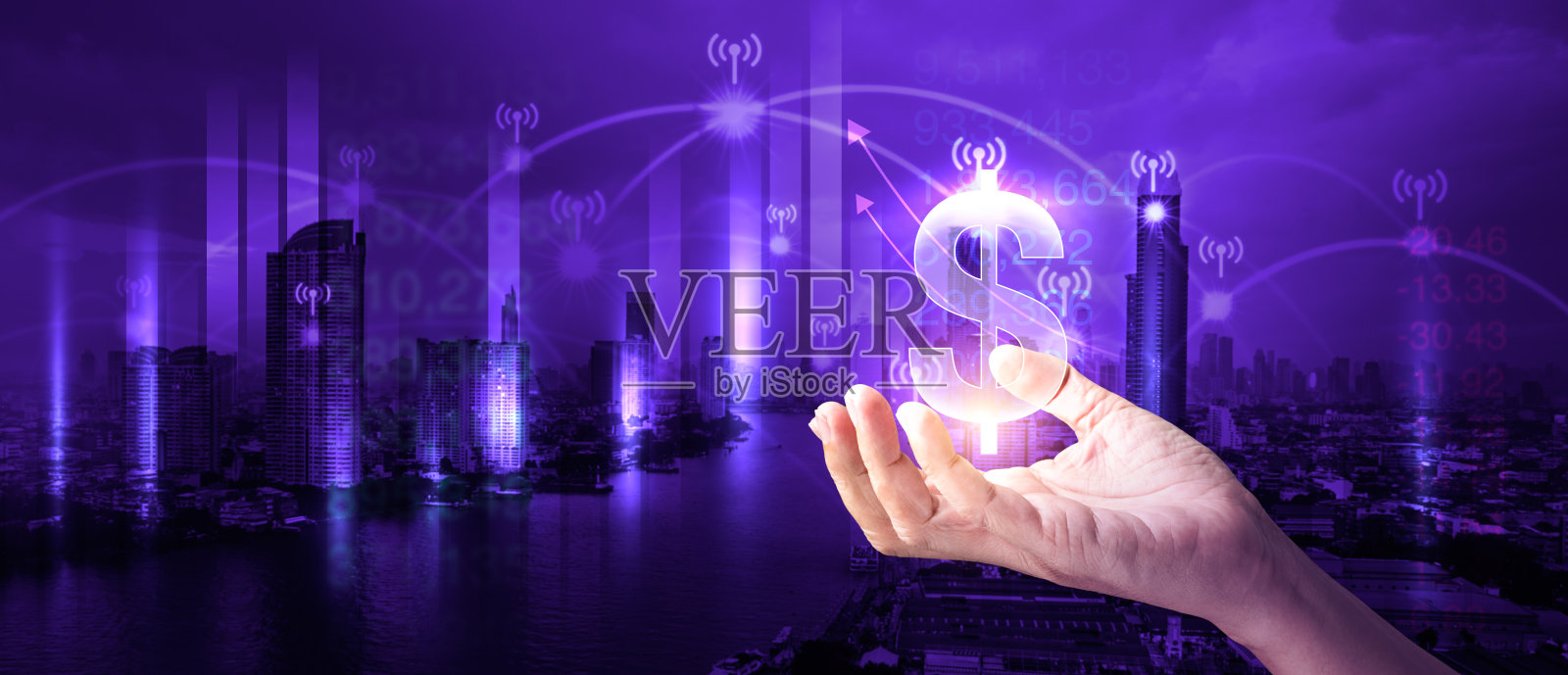 数字营销的销售和经济增长。商人手持美元符号，以全景商业战略抽象图形为背景照片摄影图片