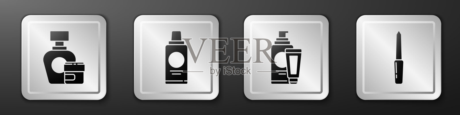 设置乳霜或乳液化妆管，一瓶洗发水，乳霜或乳液化妆管和指甲锉图标。银色方形按钮。向量图标素材
