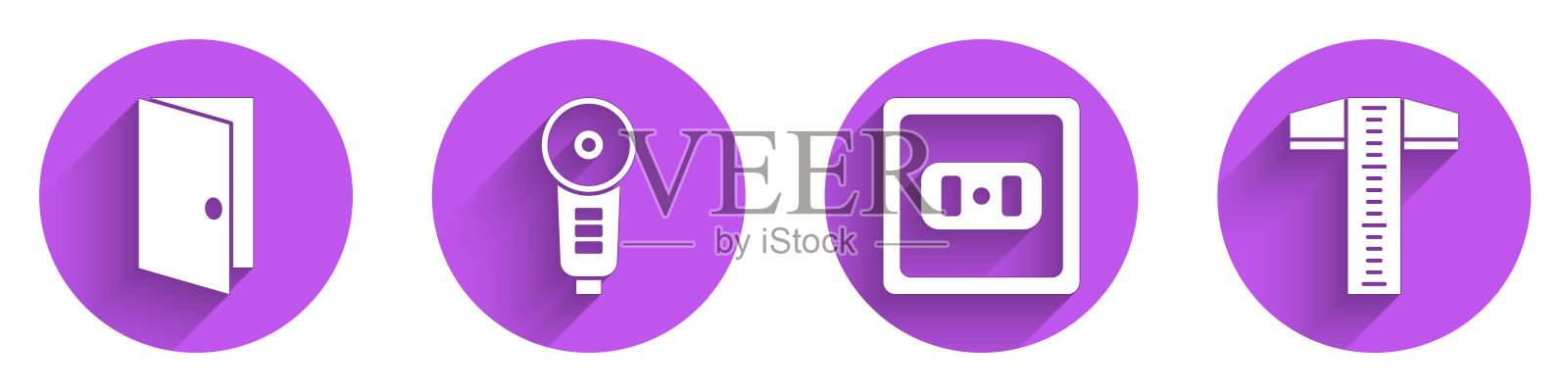 设置闭门、角磨机、电源插座和长阴影t字型线图标。向量图标素材