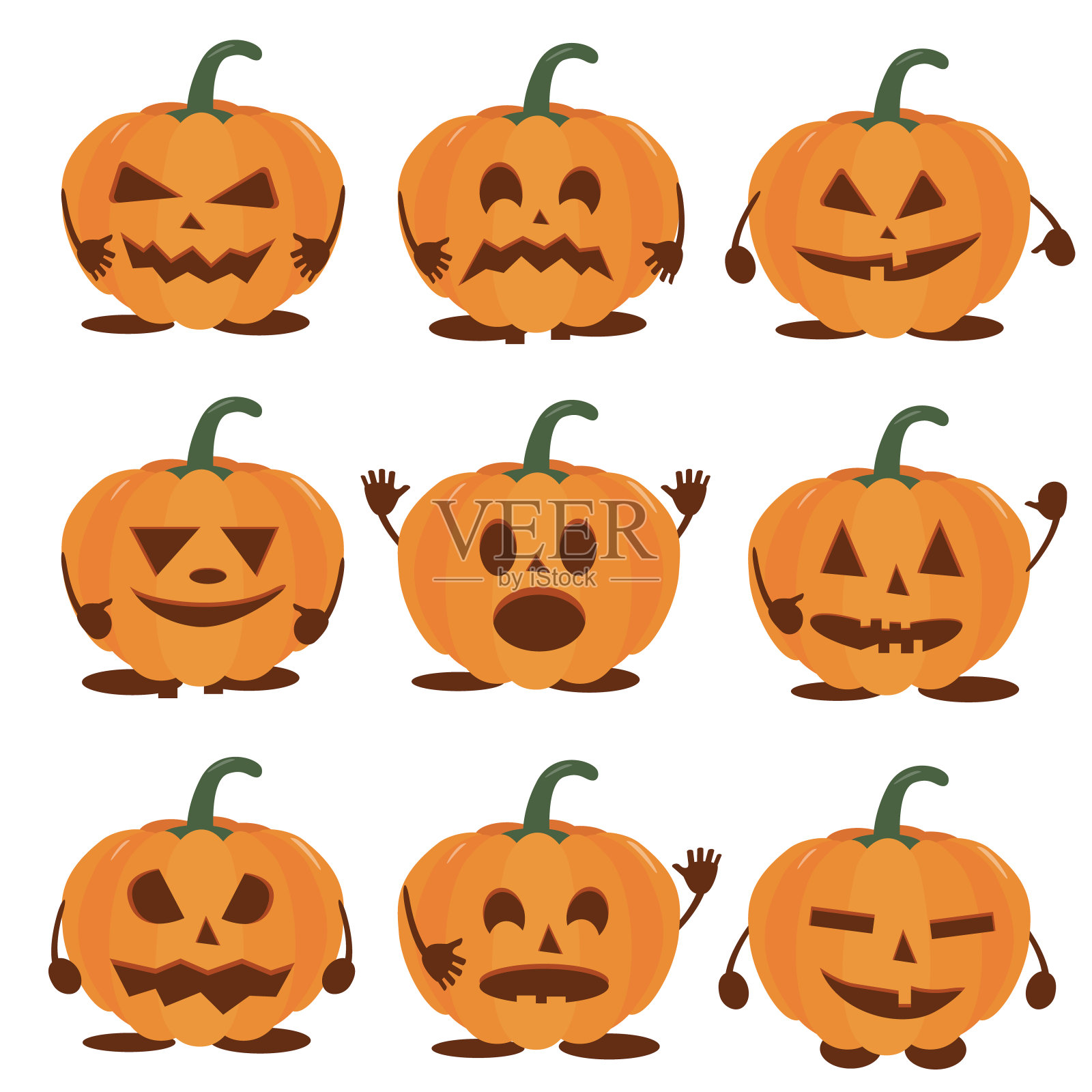 南瓜万圣节的节日。一组万圣节南瓜，有趣的害怕的脸。孤立向量符号符号。网页设计。矢量假日插图。光背景。发光的插图。秋天的节日设计元素图片