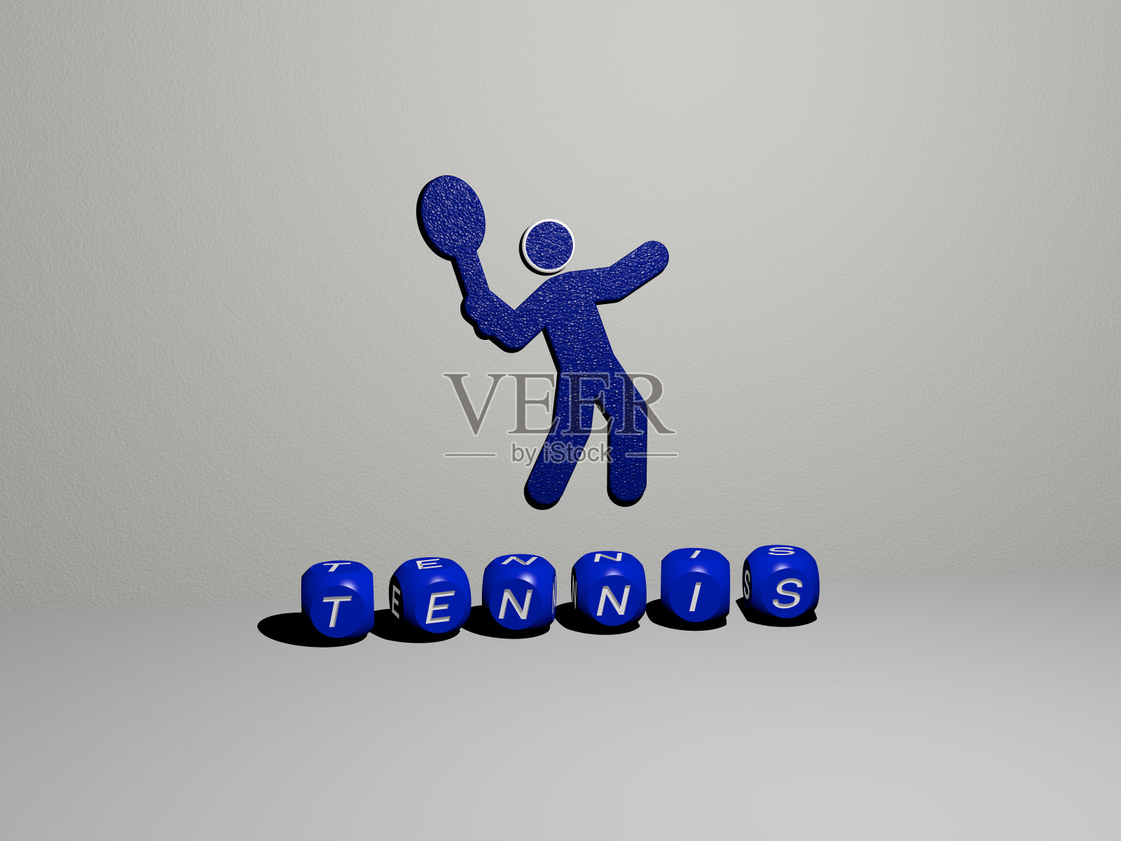 三维插图的网球图形和文字制作的金属骰子字母的相关含义的概念和表示。球和背景照片摄影图片