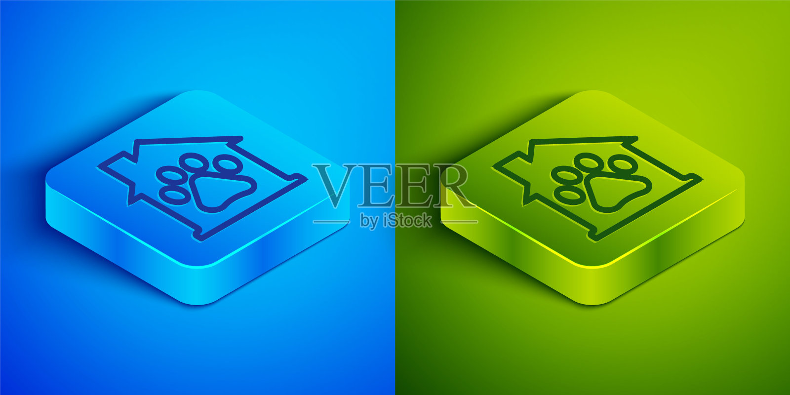 等距线宠物屋图标孤立在蓝色和绿色背景。方形按钮。向量图标素材