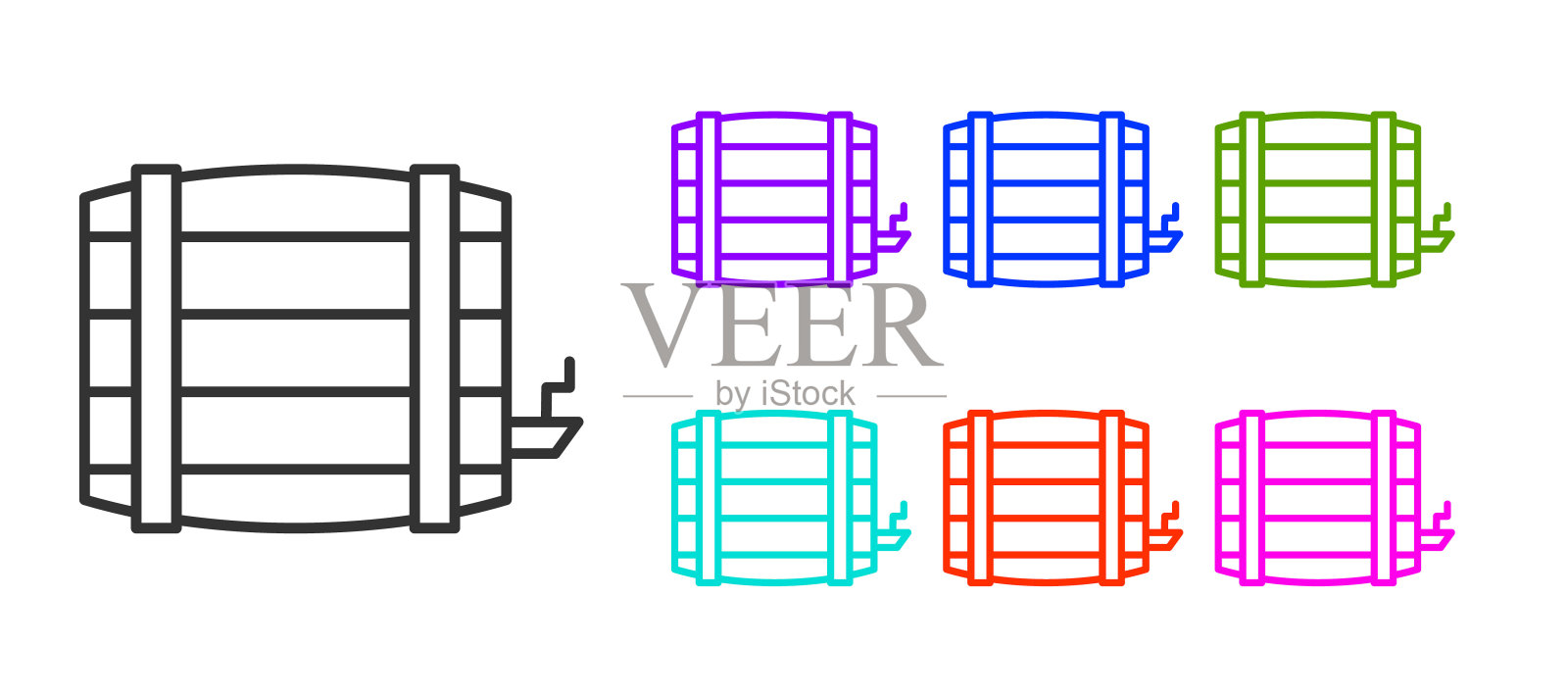黑线木桶图标孤立在白色背景上。酒桶，饮料容器，啤酒，威士忌，葡萄酒的木桶。设置图标丰富多彩。向量设计元素图片