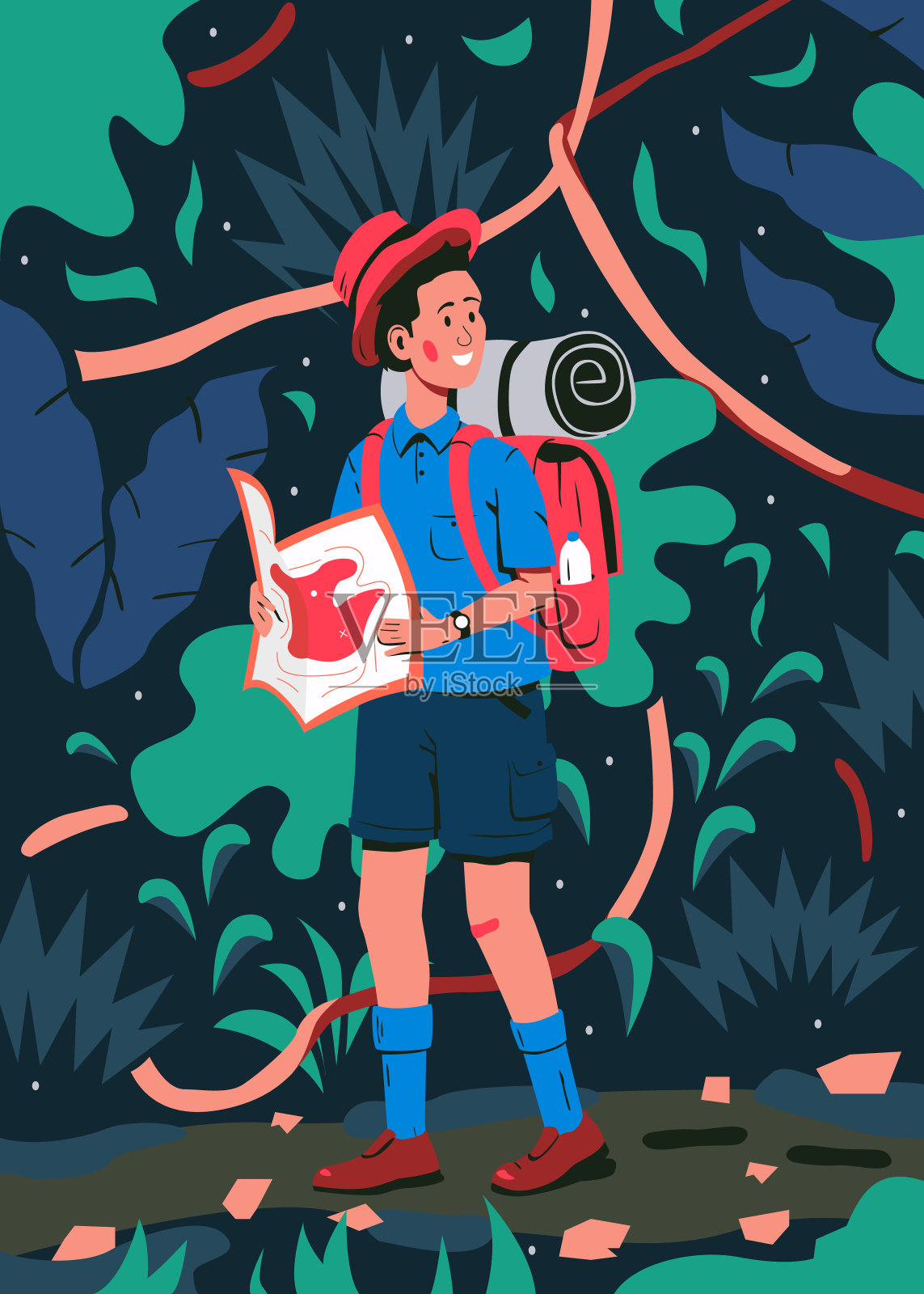 男孩在森林的小路上。矢量插图的一个快乐的微笑的男孩在帽子与一个背包和地图在他的手走在一个路径在丛林。旅游和冒险精神插画图片素材