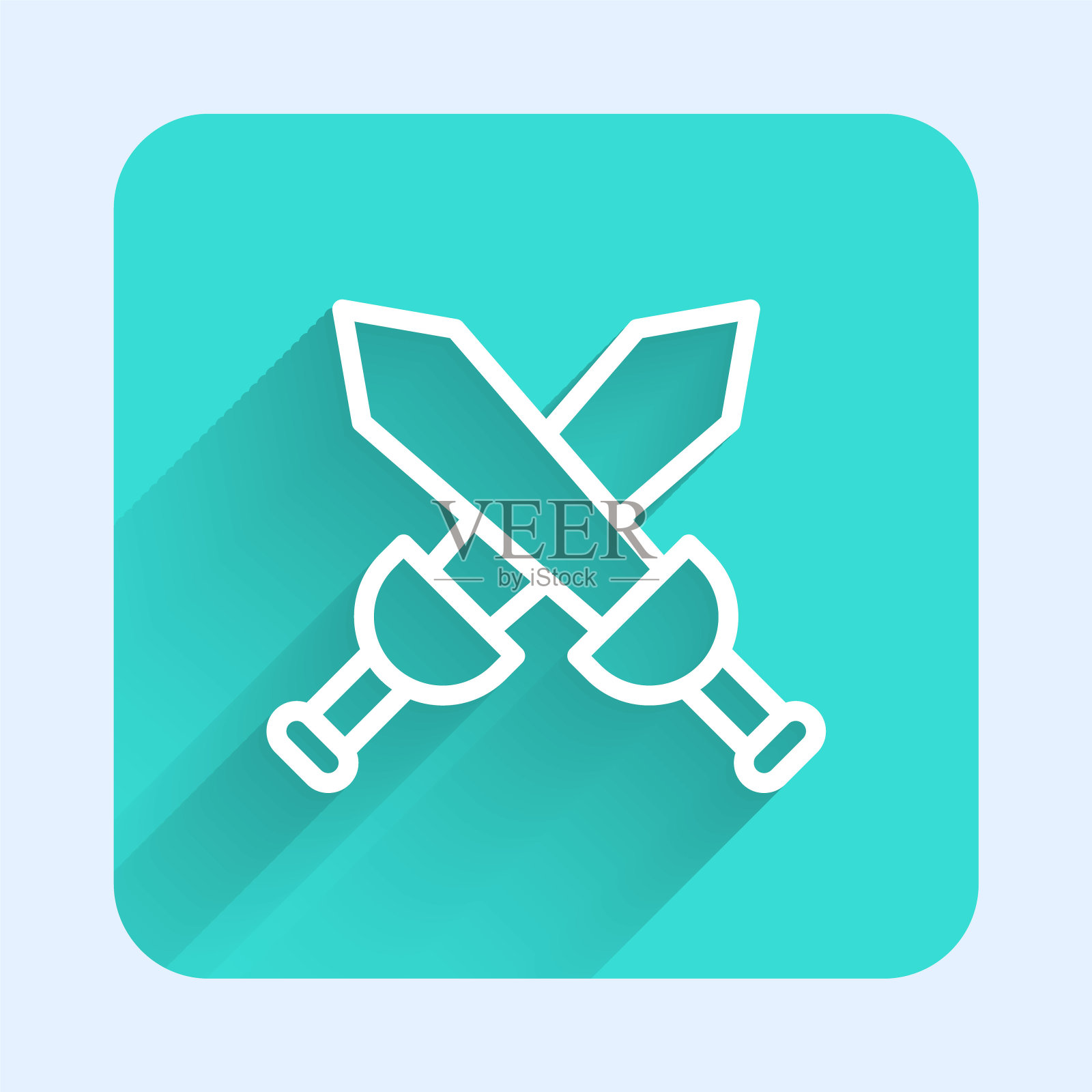 白色线条交叉中世纪剑图标孤立与长影子。中世纪的武器。绿色方形按钮。向量插画图片素材