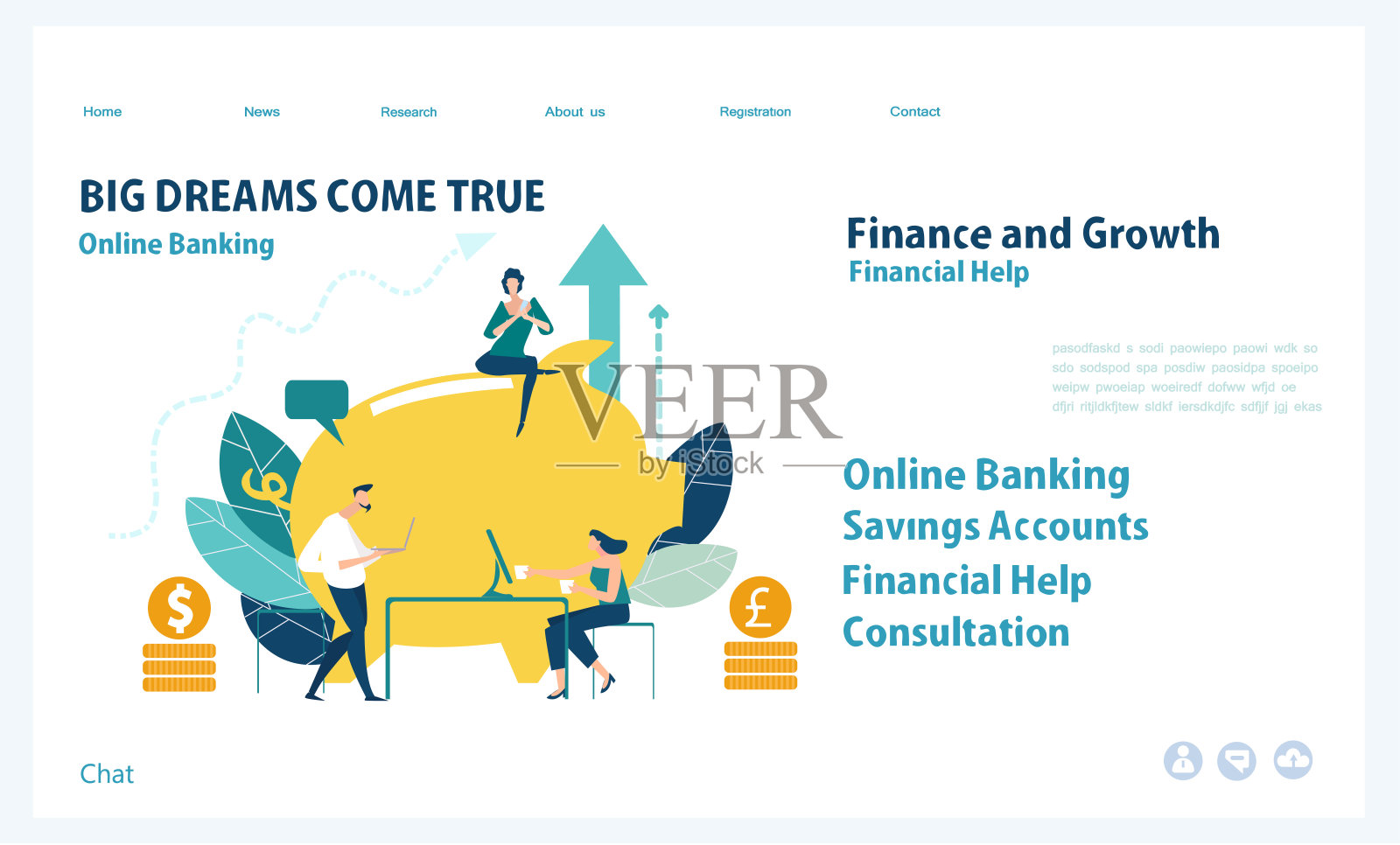 平面设计网站或应用程序页面模板。金融服务，银行，战略规划，发展，业务解决方案，咨询，市场研究，团队合作，数据分析，支持，安全设计模板素材