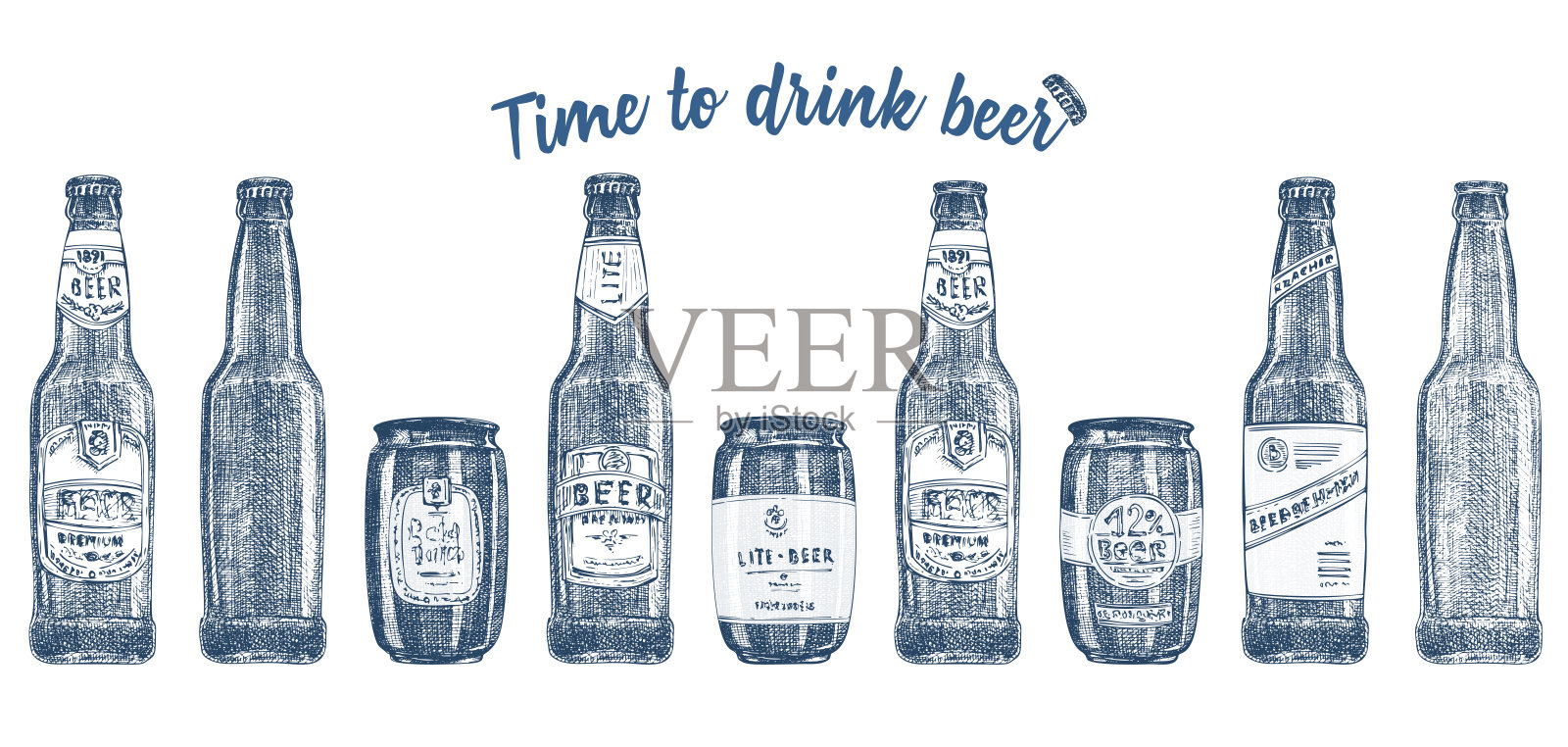 设置手绘草图，玻璃杯，瓶子，啤酒在白色的背景。复古设计的酒吧，餐厅，咖啡馆菜单图形雕刻艺术的传单，横幅，海报时间酒精饮料插画图片素材