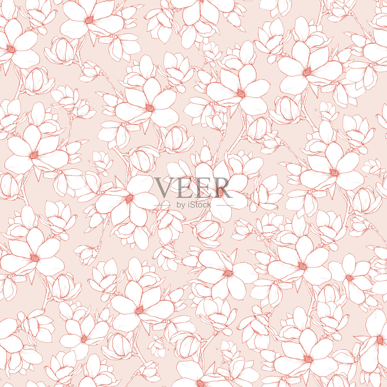 手绘线条艺术木兰花无缝图案插画图片素材