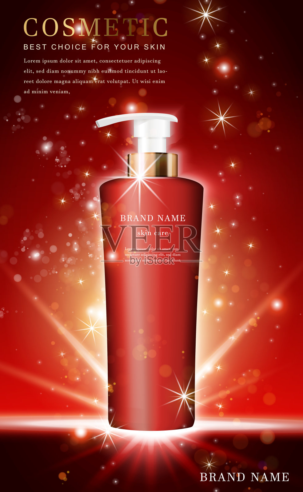 矢量3D化妆品化妆插图产品洗发水瓶子与闪亮的红色背景插画图片素材