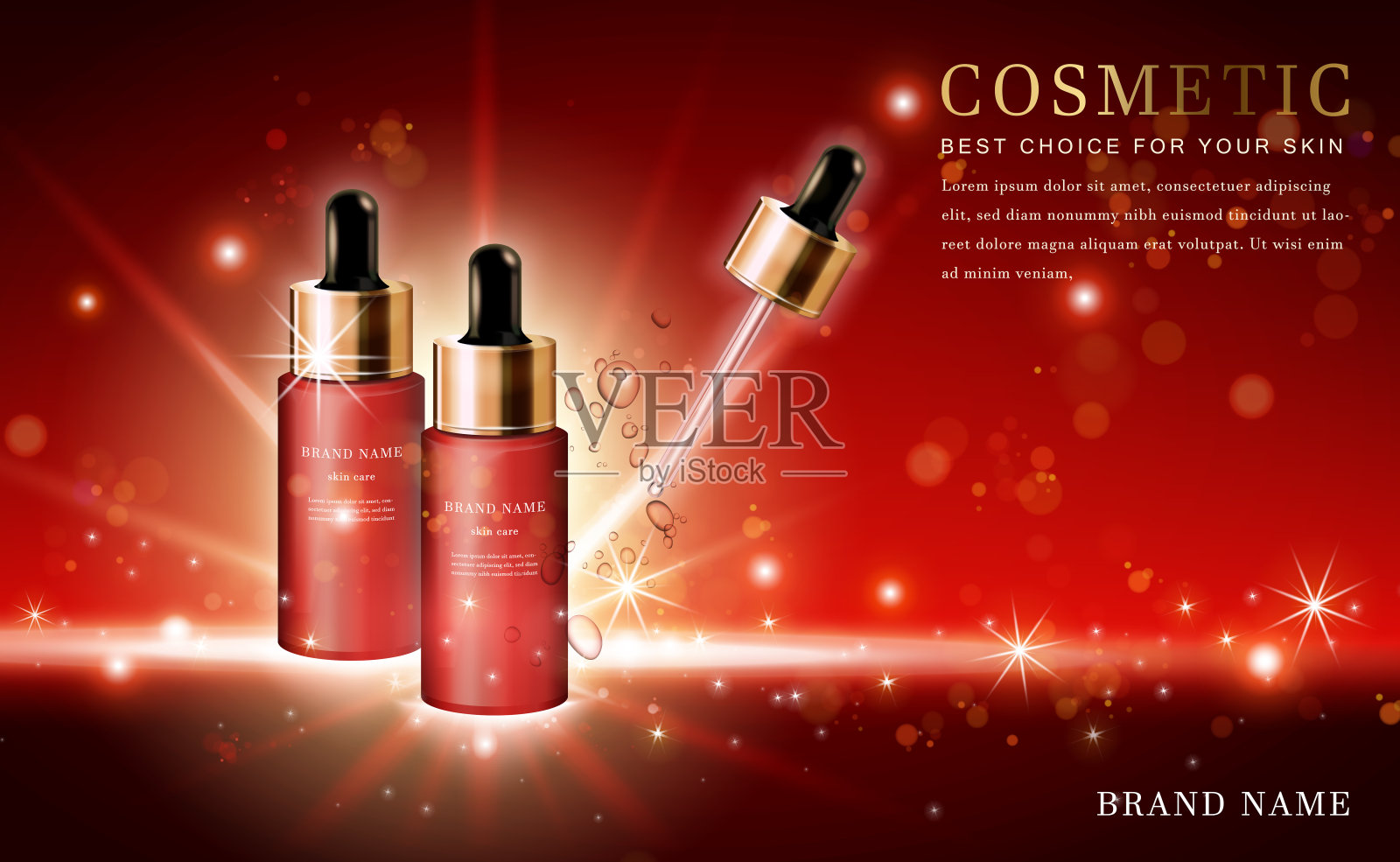 矢量3D化妆品化妆插图产品滴瓶与闪亮的红色背景插画图片素材