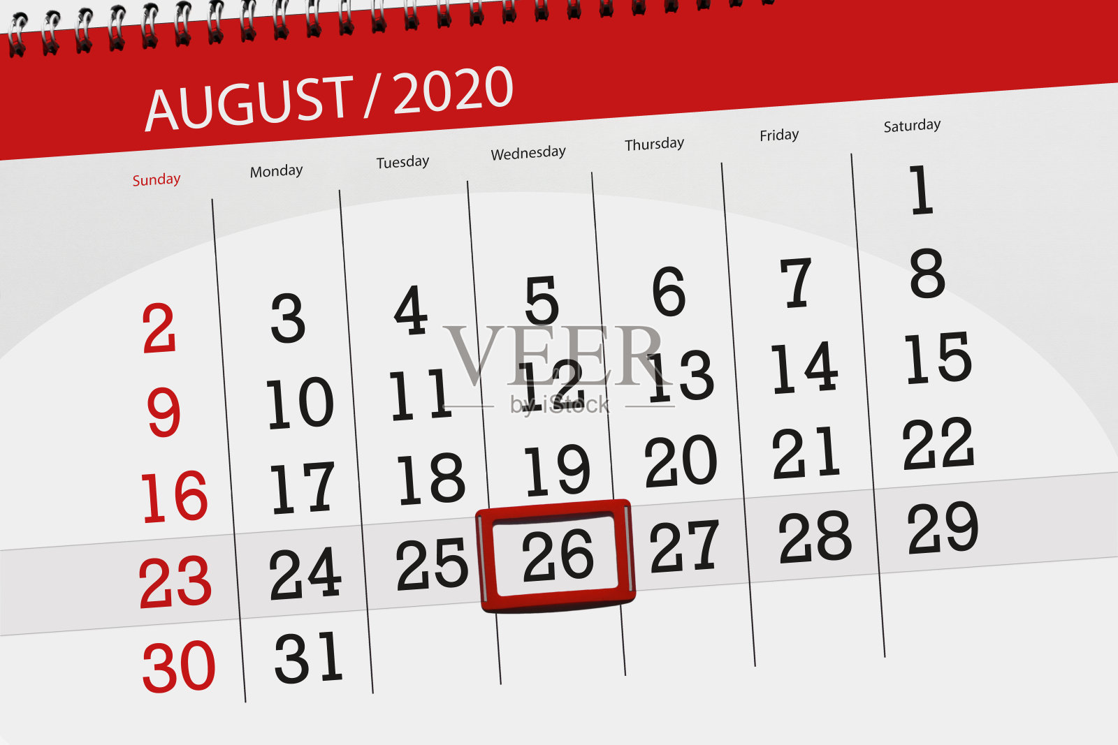 日历计划2020年8月，截止日期，26日，周三设计模板素材