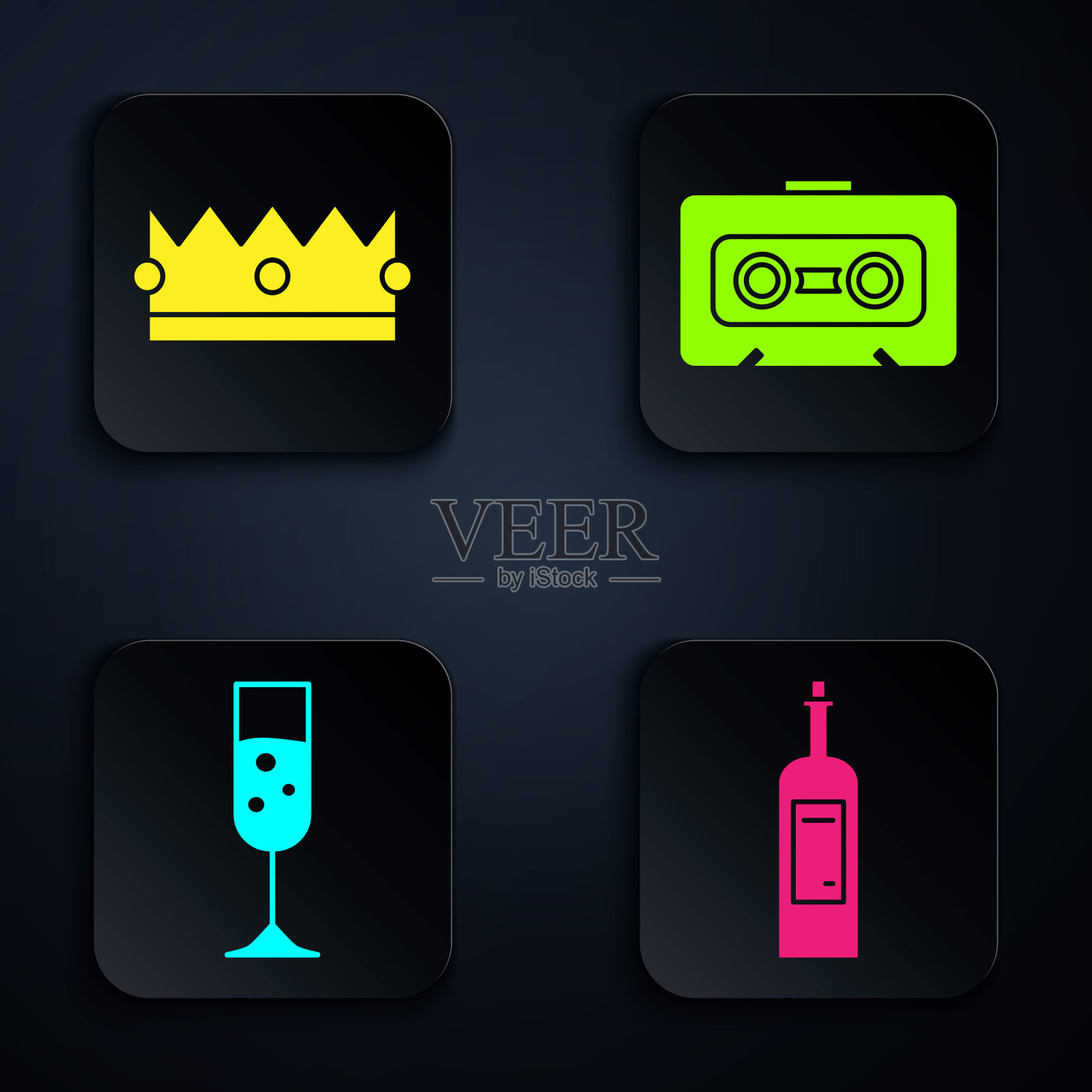 一瓶葡萄酒，皇冠，一杯香槟和复古录音带。黑色方形按钮。向量图标素材