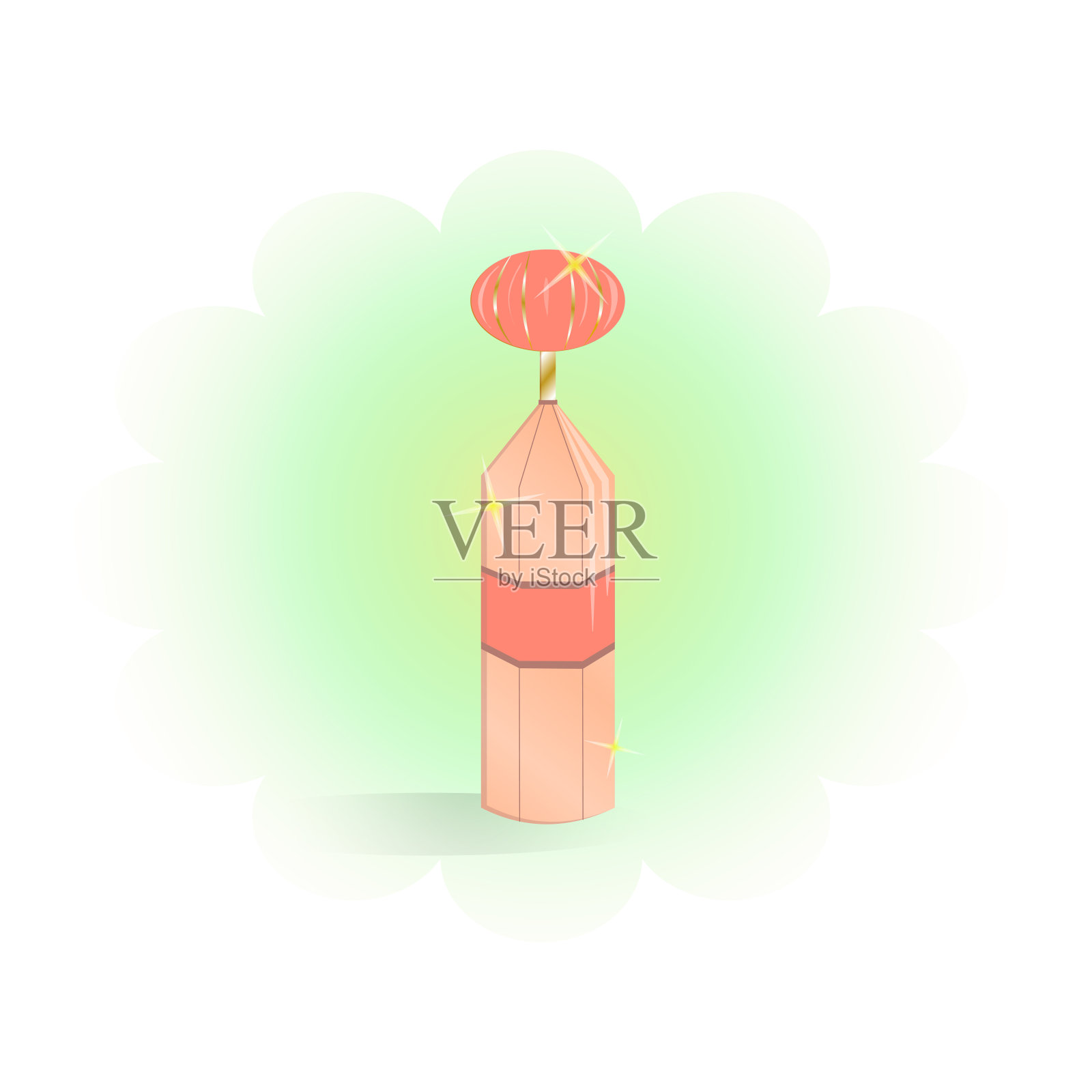 白色背景上孤立的香水瓶。卡通风格。香水瓶上有闪光。在背景中，一个模糊的云的插图，以吸引买家的注意。插画图片素材