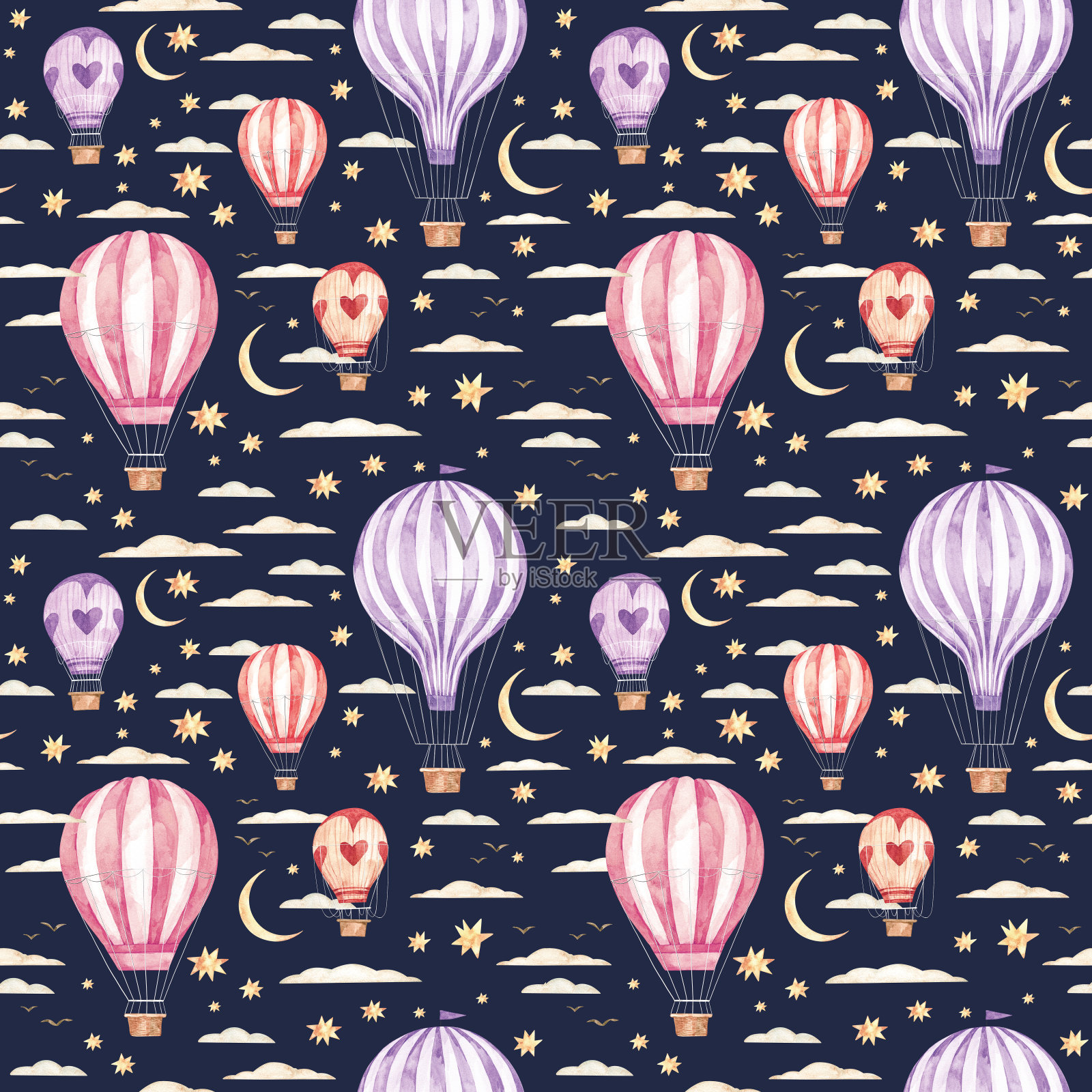 水彩无缝模式。气球，月亮，云彩和星星。关于儿童房间的想法。宝宝派对元素。完美的邀请，打印，明信片，织物，包装纸，墙纸插画图片素材