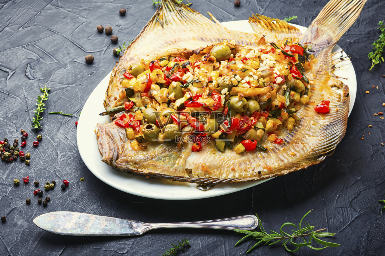 餐桌上的比目鱼和蔬菜照片摄影图片