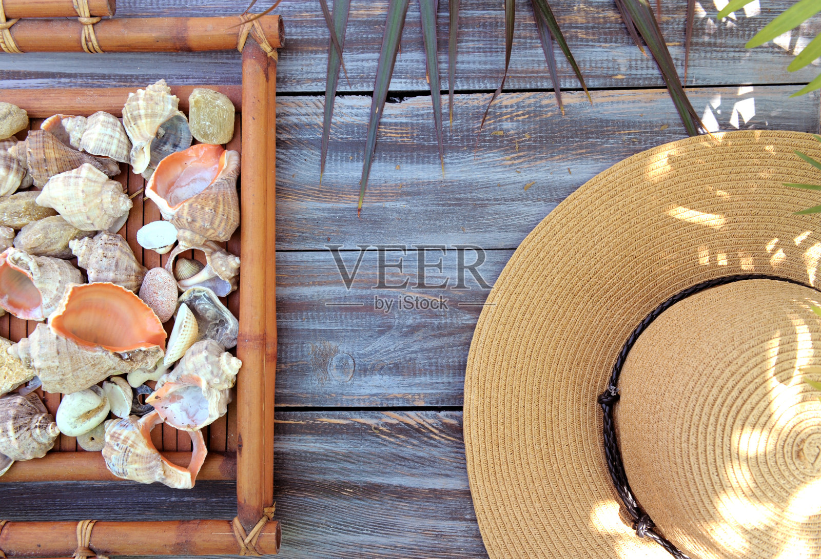 用帽子和贝壳做的夏季休息模型放在一张木桌上照片摄影图片