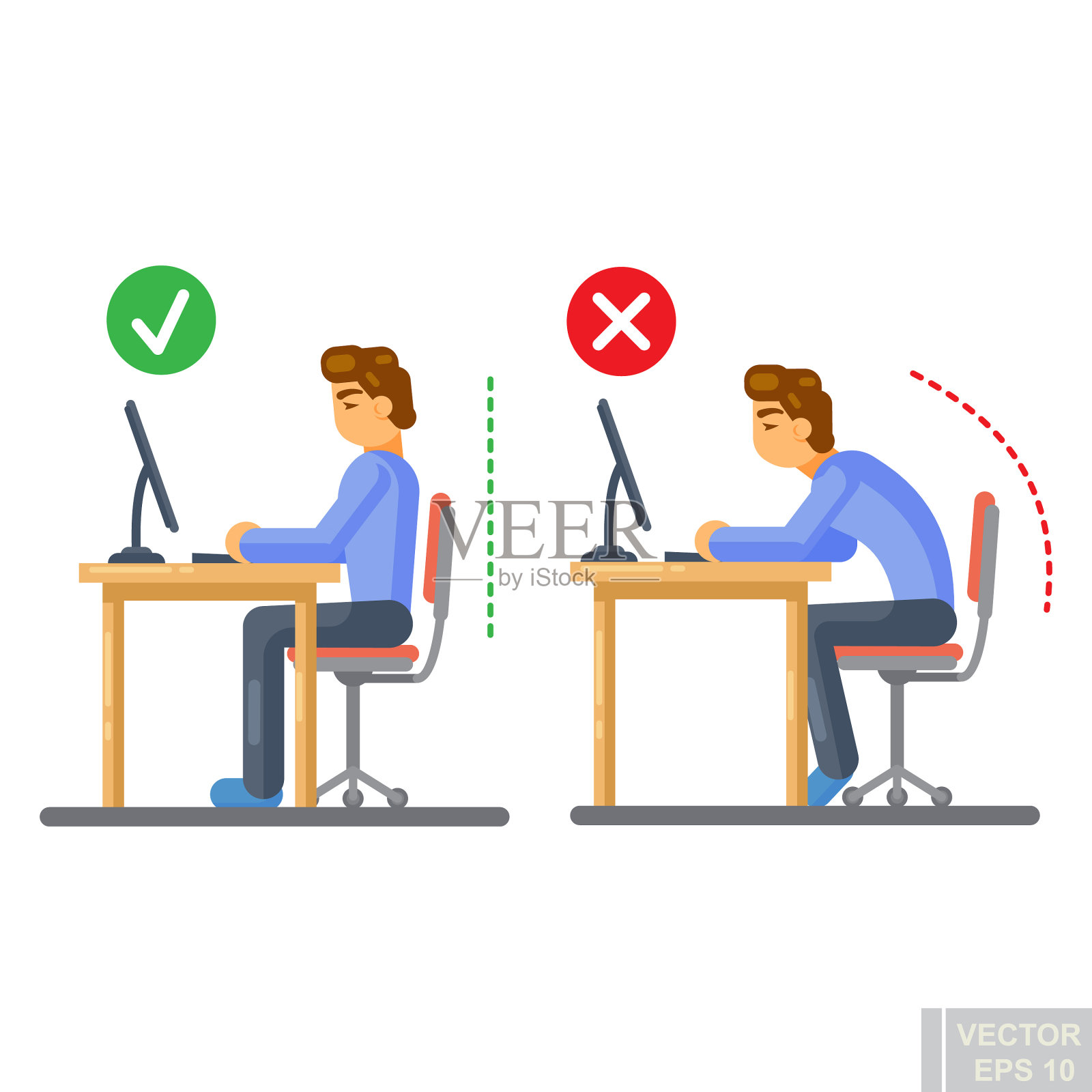 坐着工作时正确的身体位置插画图片素材